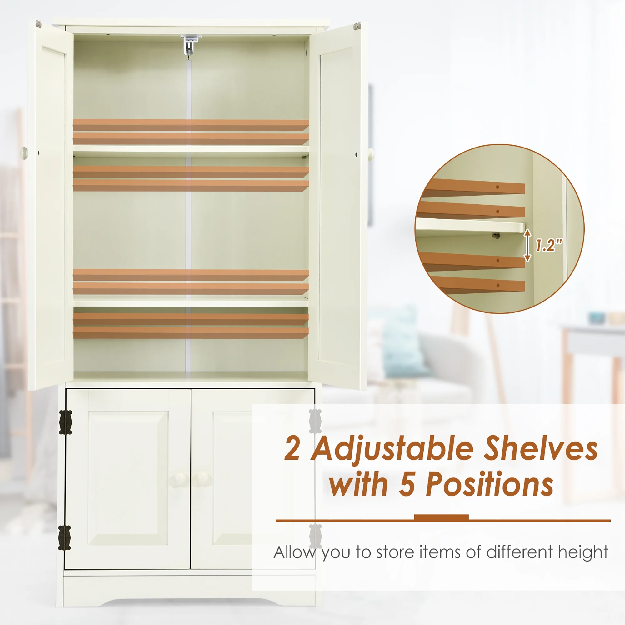 Costway Accent Floor Storage Cabinet W/ Adjustable Shelves Antique 2-Door Cream White - Image 9