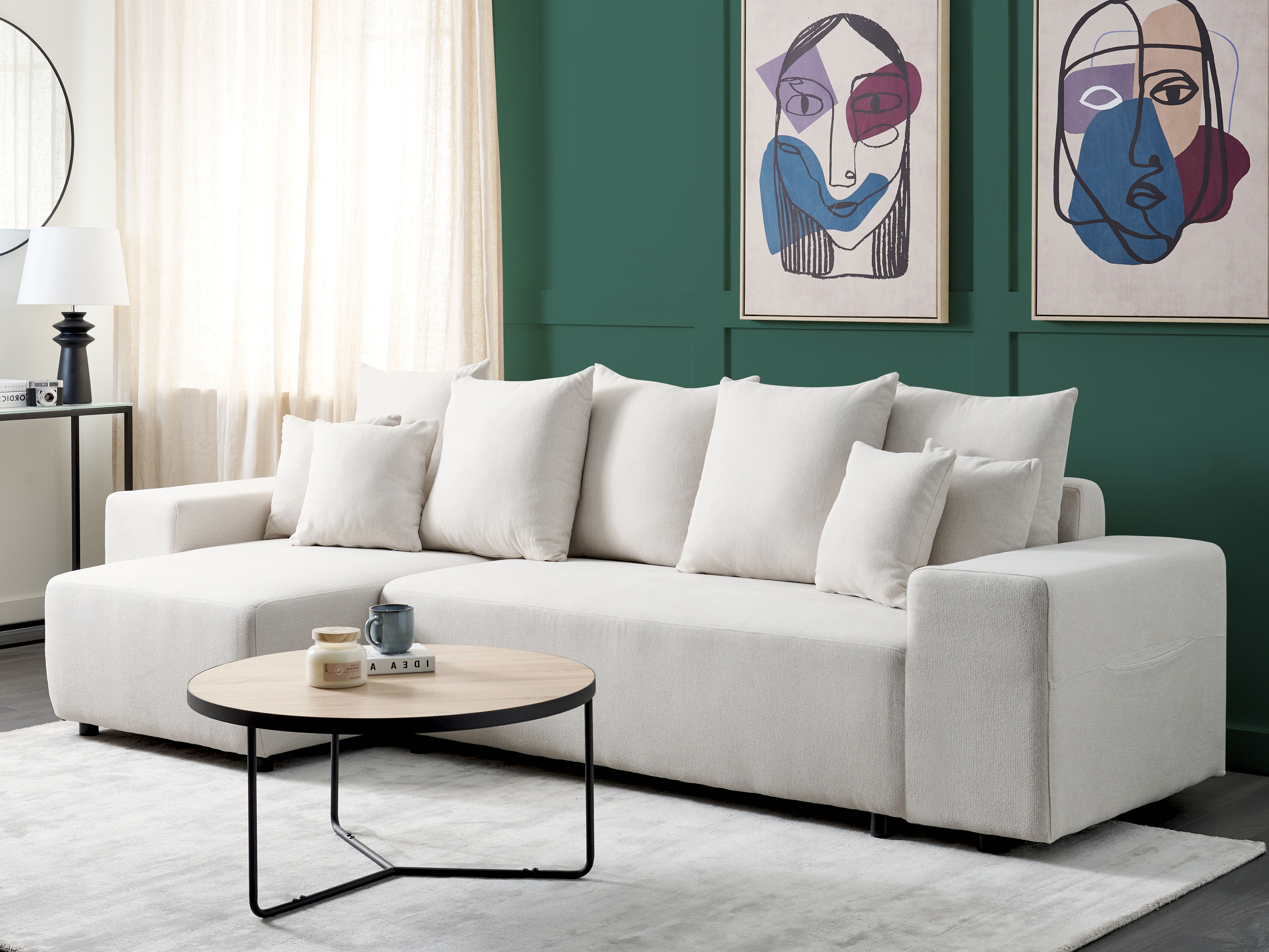 Corner Sofa Bed 3 Seater LUSPA Fabric Light Beige with Storage Right Hand