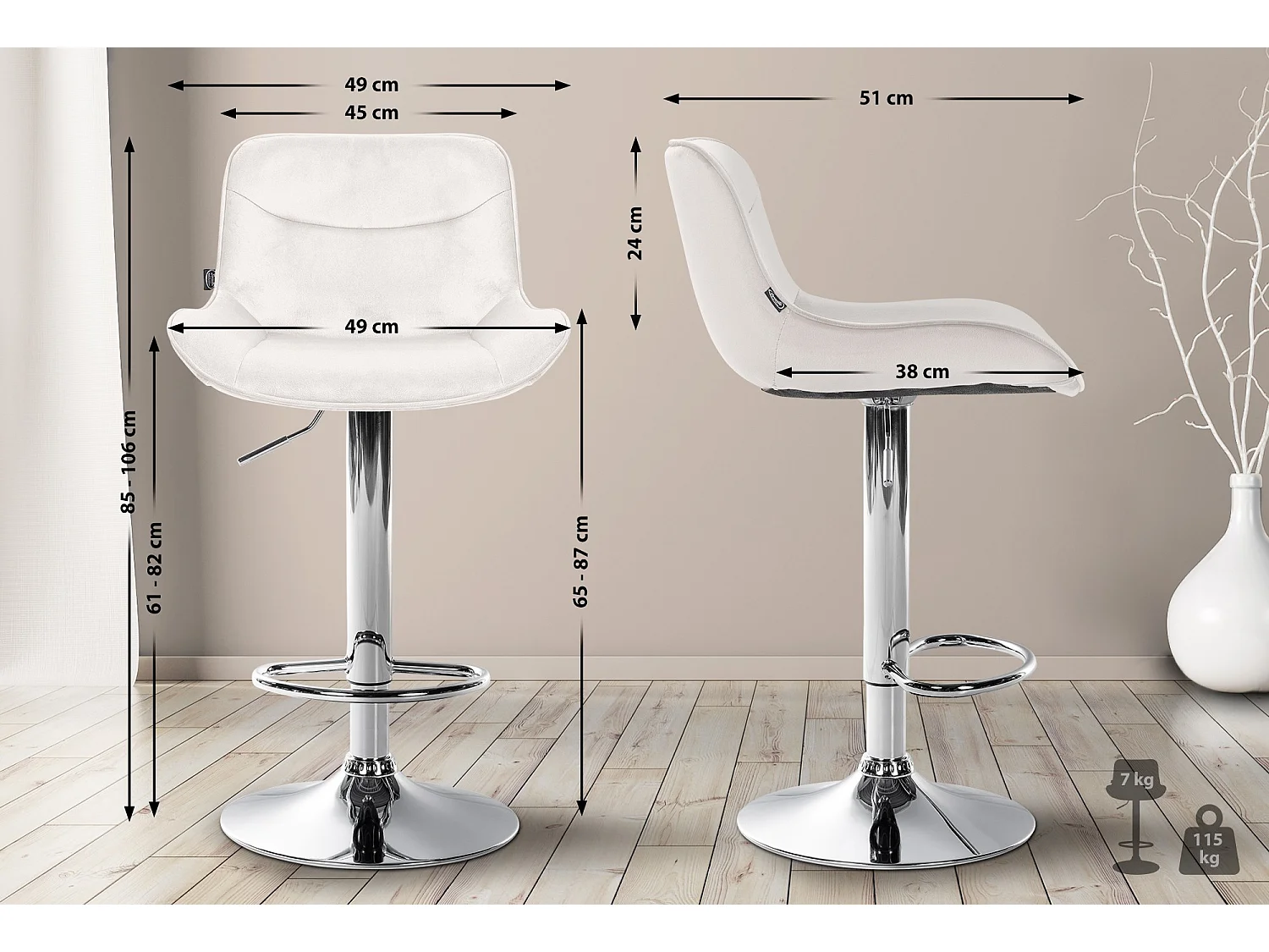 Lot de 2  Tabouret de bar - Velours & Chrome - Crème - Vonore