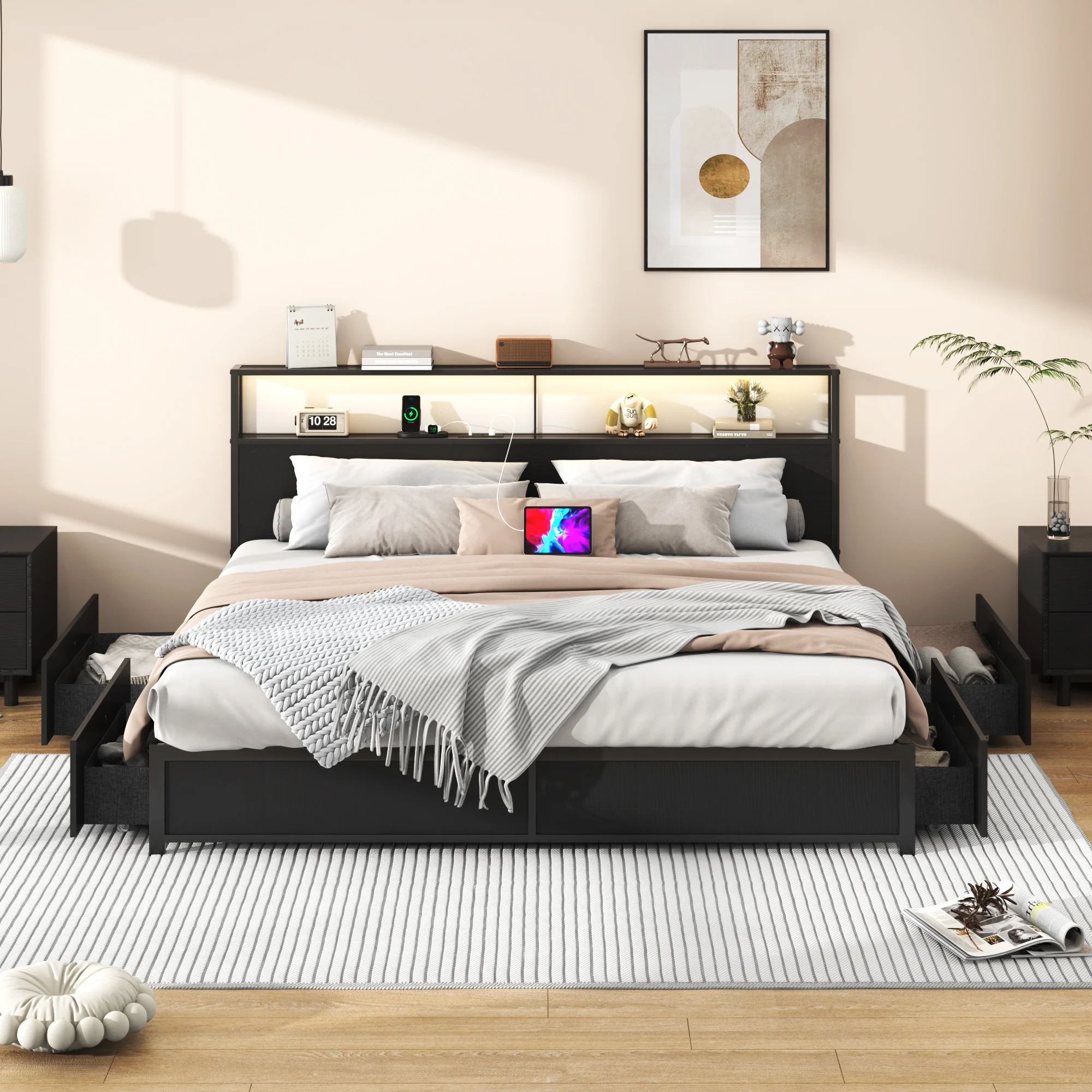 LED Full Bed Frame with Storage Headboard & 4 Drawers, Industrial Metal Platform Bed with Power Charging Station & USB Ports - Image 16