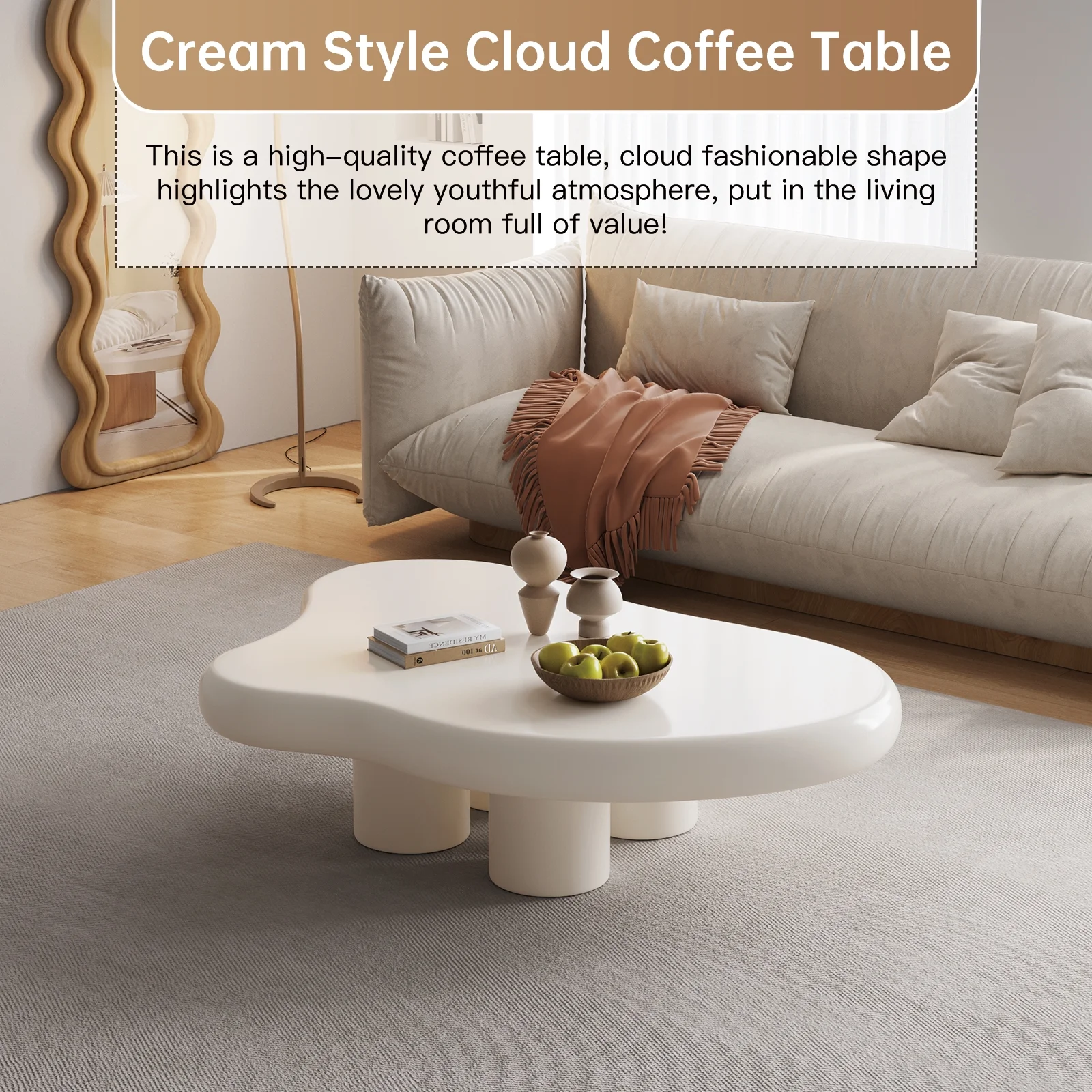 Guyii Cream White Coffee Table with 4 Legs, Irregular Side Table, Modern Wood Tea Table for Living Room, Apartment, Office - Image 3
