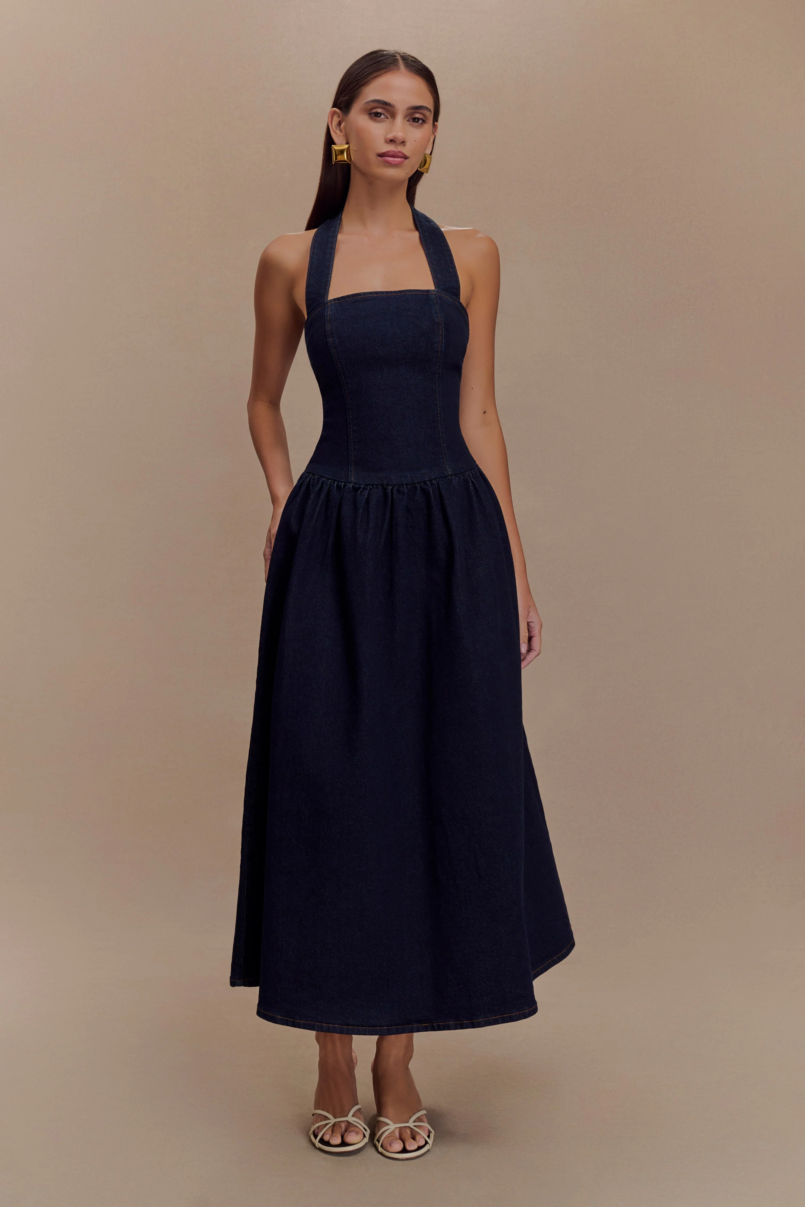 Caroline Denim Halter Midi Dress - Indigo Blue