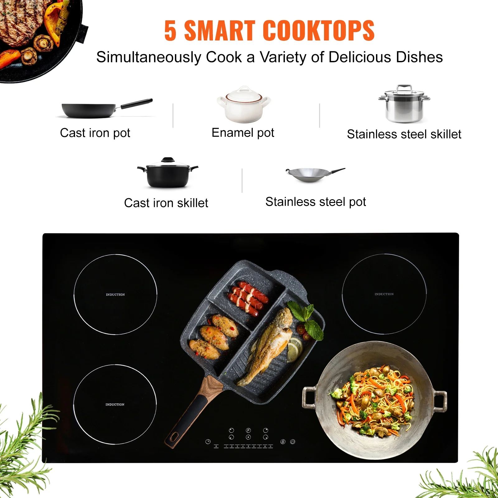 KFFKFF 36in Electric Cooktop, 5 Burners Ceramic Glass Stove Top Touch Control 9200W, 9 Heating Level Multifunctional Burner