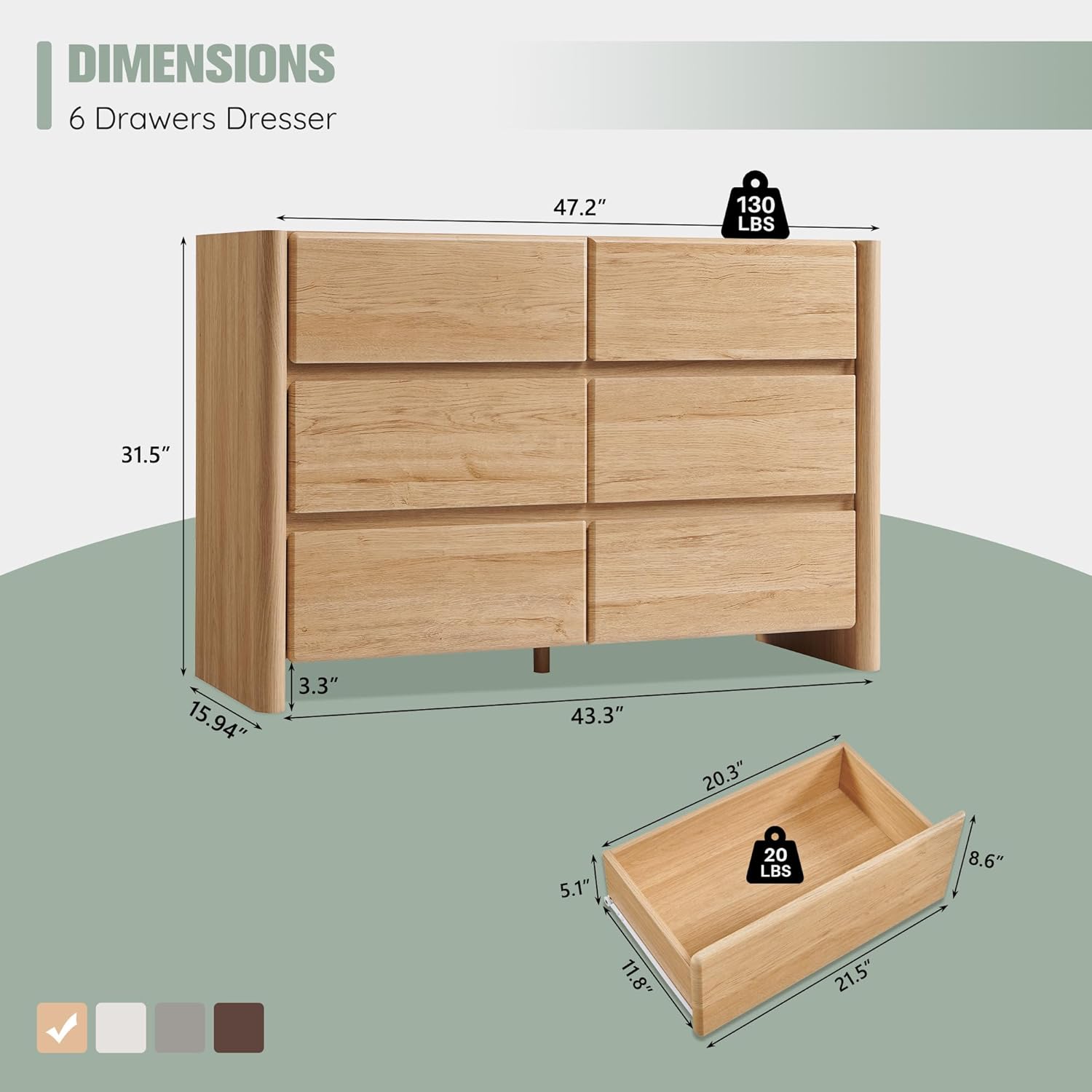 Modern 6 Drawers Dresser for Bedroom, 47