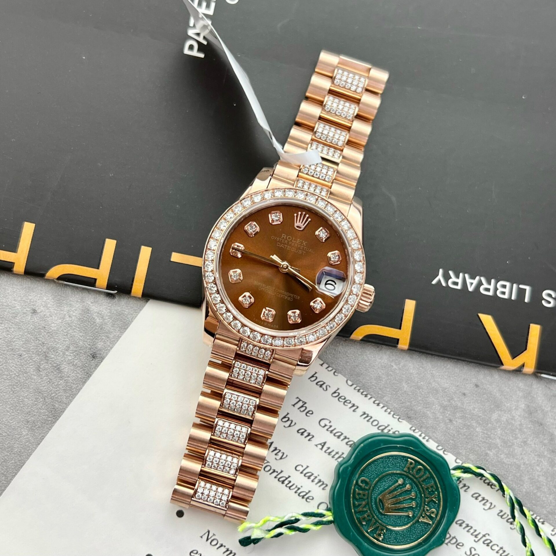 Rolex DateJust Gold Wrapped Moissanite Replica Watch With Chocolate Dial 31mm - Elite Watch Atelier