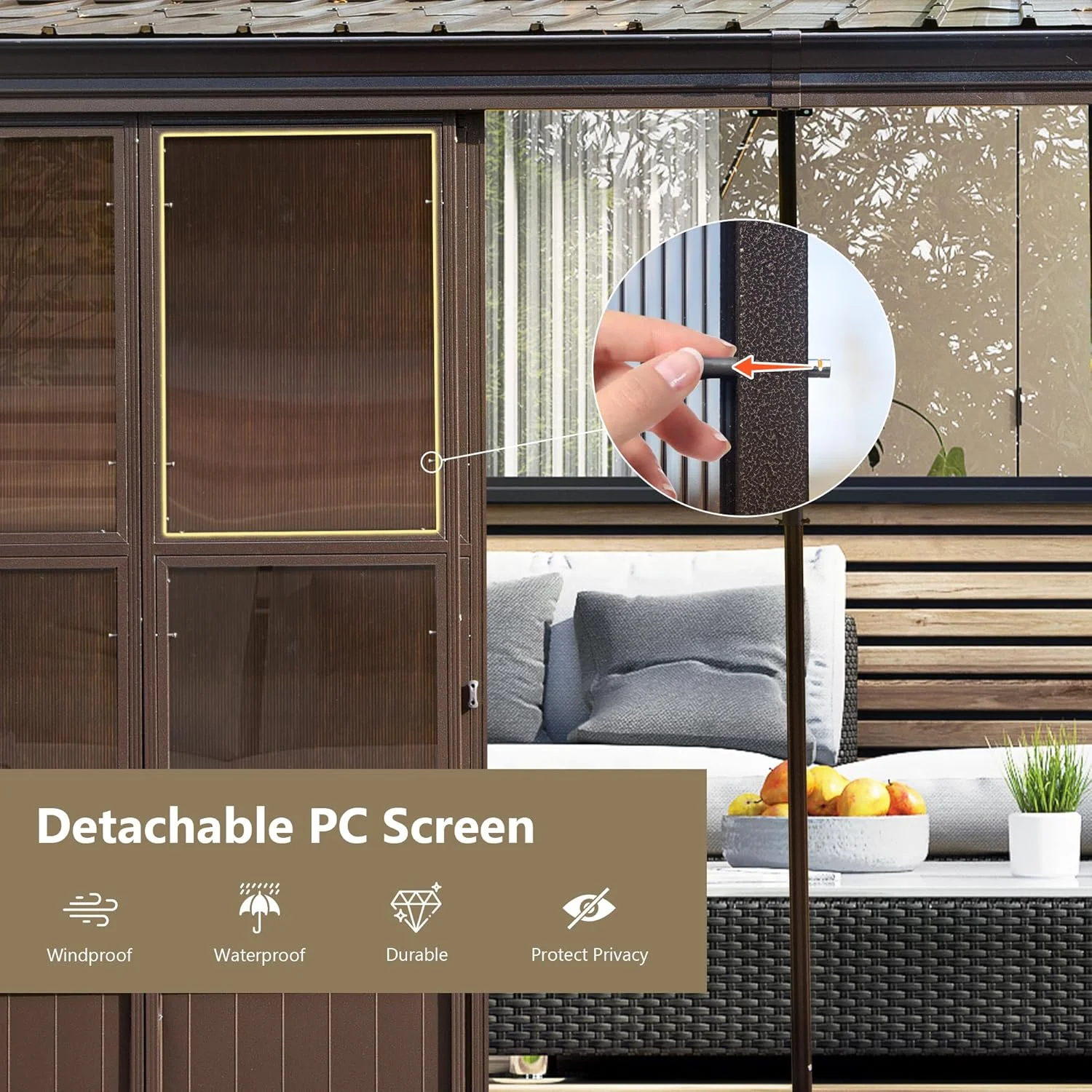 TOTAL Outdoor 10'x12' All-Season Sunroom Gazebo with Steel Roof, PVC Screen, Front & Side Door, Brown - Image 49