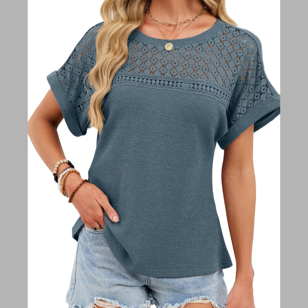 Lace-Trimmed Round Neck T-Shirt - ZKZOOK