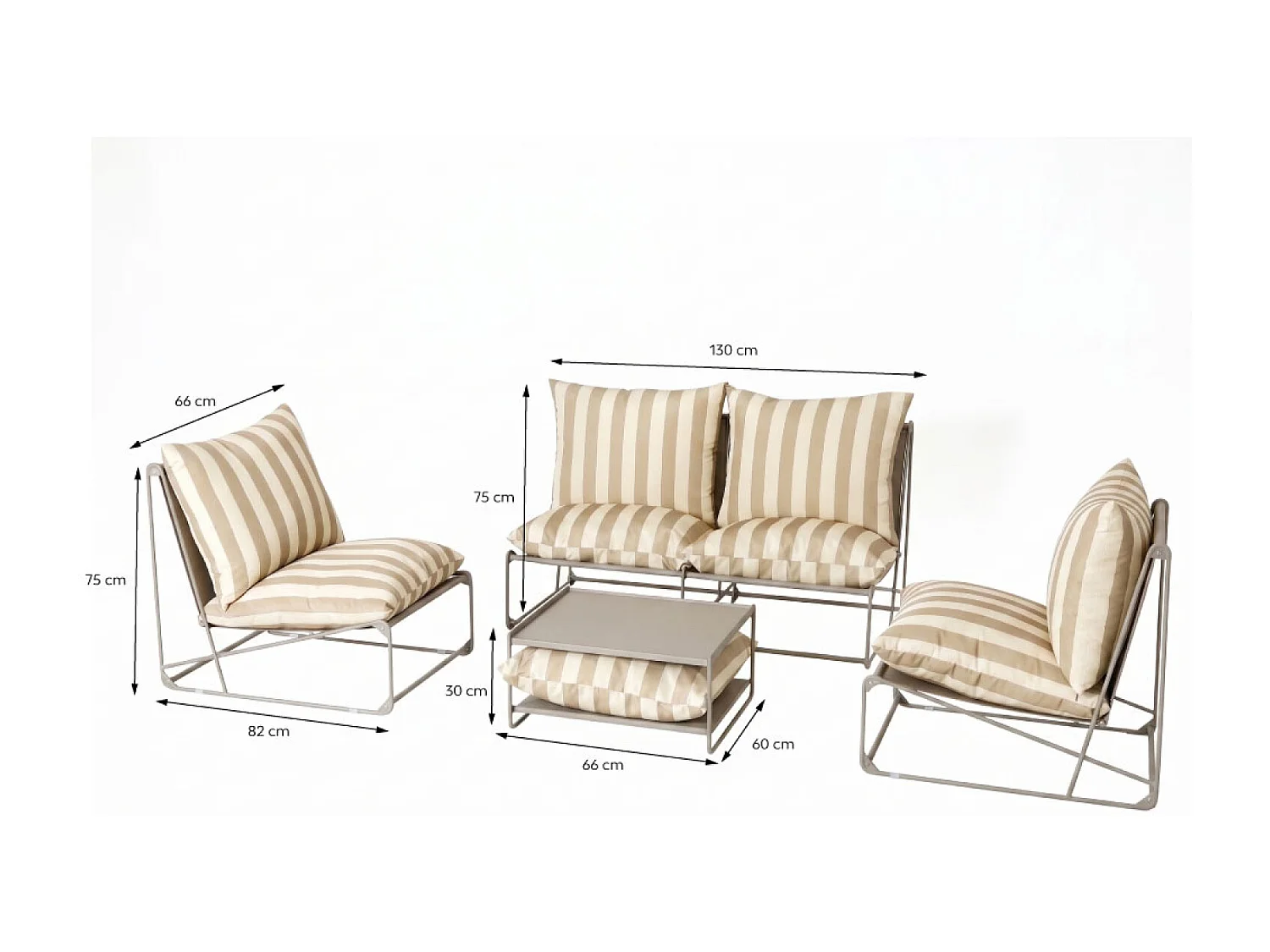 Salon de jardin 4 places à rayures taupe et beige avec table basse ANDRIA