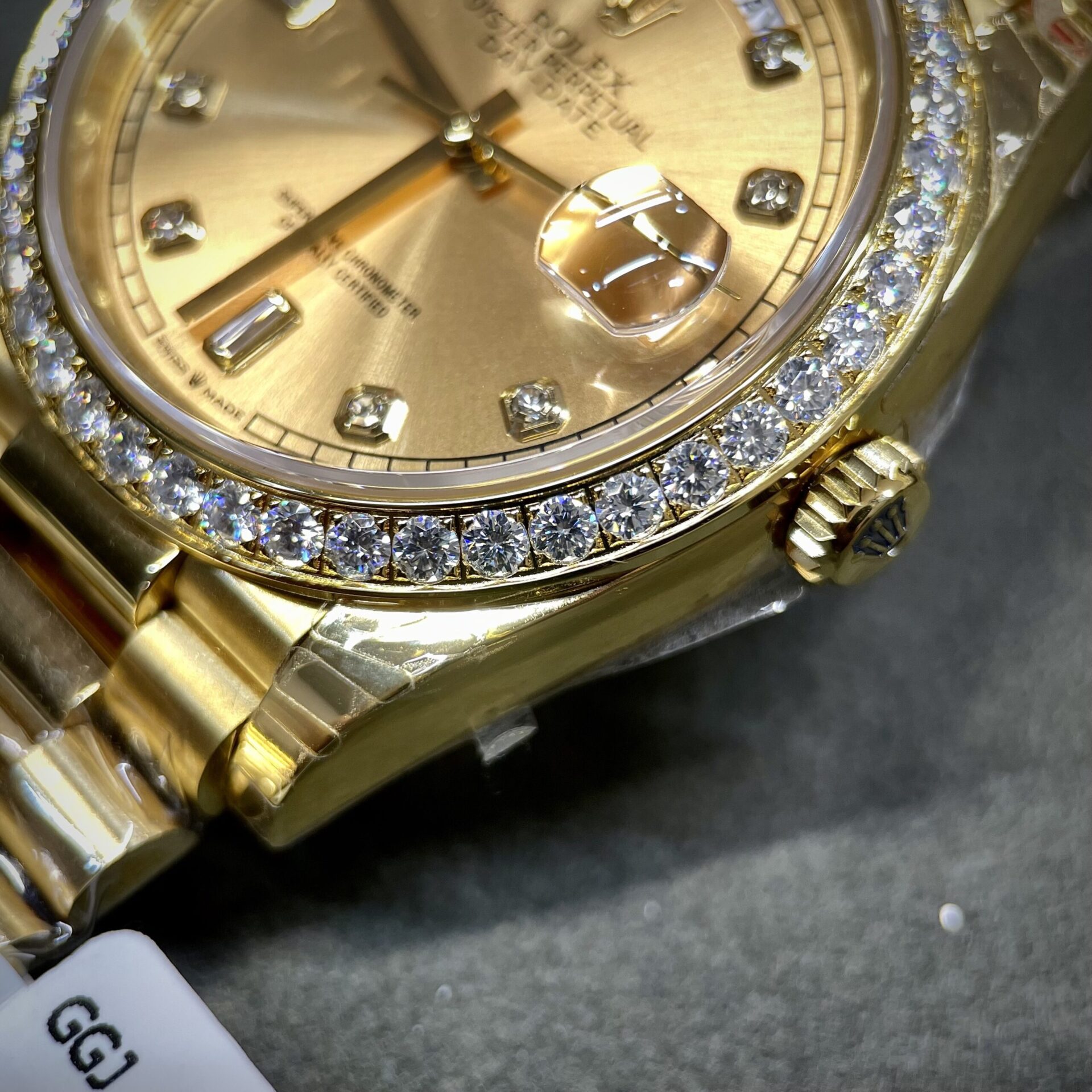 Rolex Fake Watch Day-Date Yellow Dial Custom Moissanite Diamonds 40mm - Top club