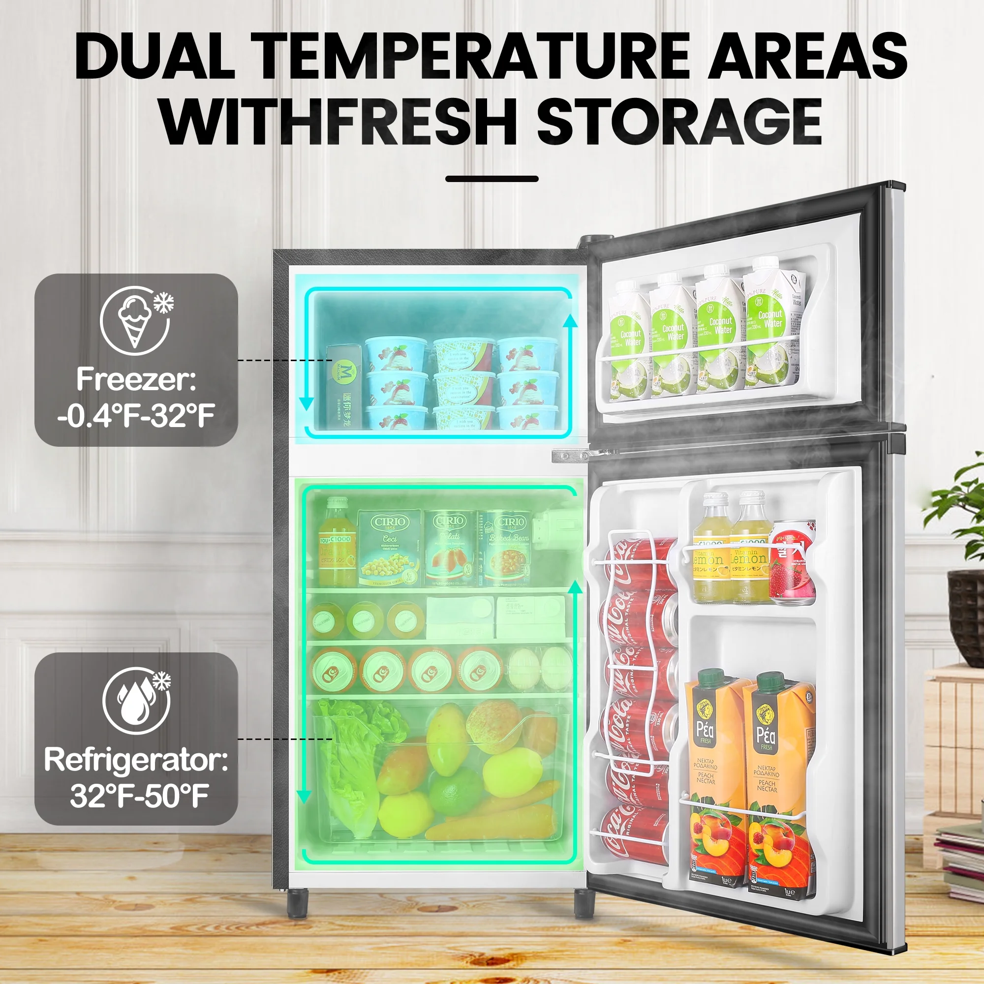 WANAI 3.5 Cu ft Two Door Mini Fridge, Silvery - Image 3