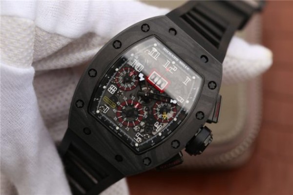 Replica Richard Mille RM011 NTPT Carbon Case Chronograph KVF Crystal Skeleton Dial Red Black Rubber Strap A7750 - Elite Watch Atelier