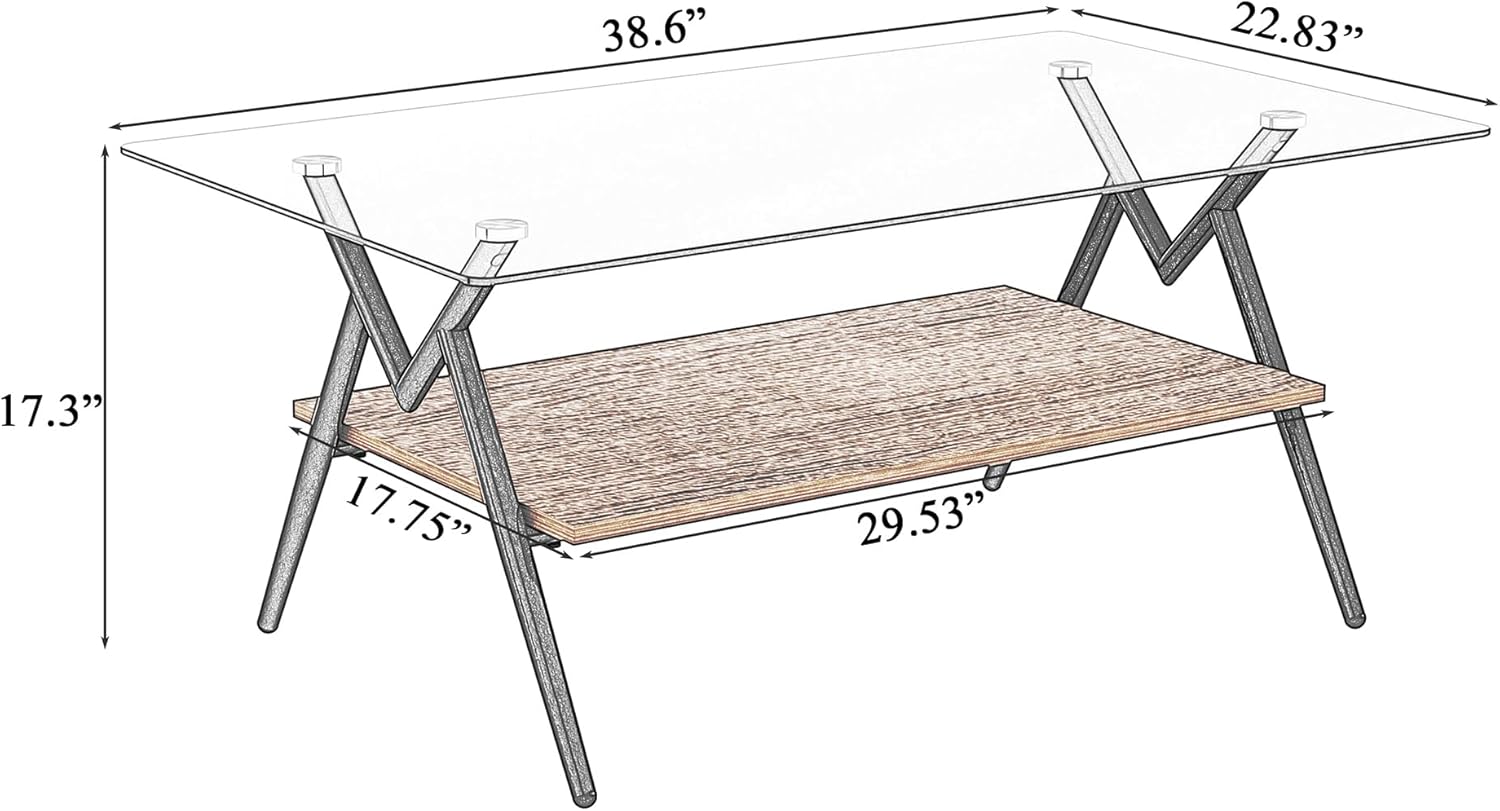 Casaphoria Rectangle Coffee Table for Living Room, Industrial 2-Tier Center Table with Gray Tempered Glass Top & Brown MDF Storage Shelf, Metal Legs, 220 lbs Weight Capacity (38.6