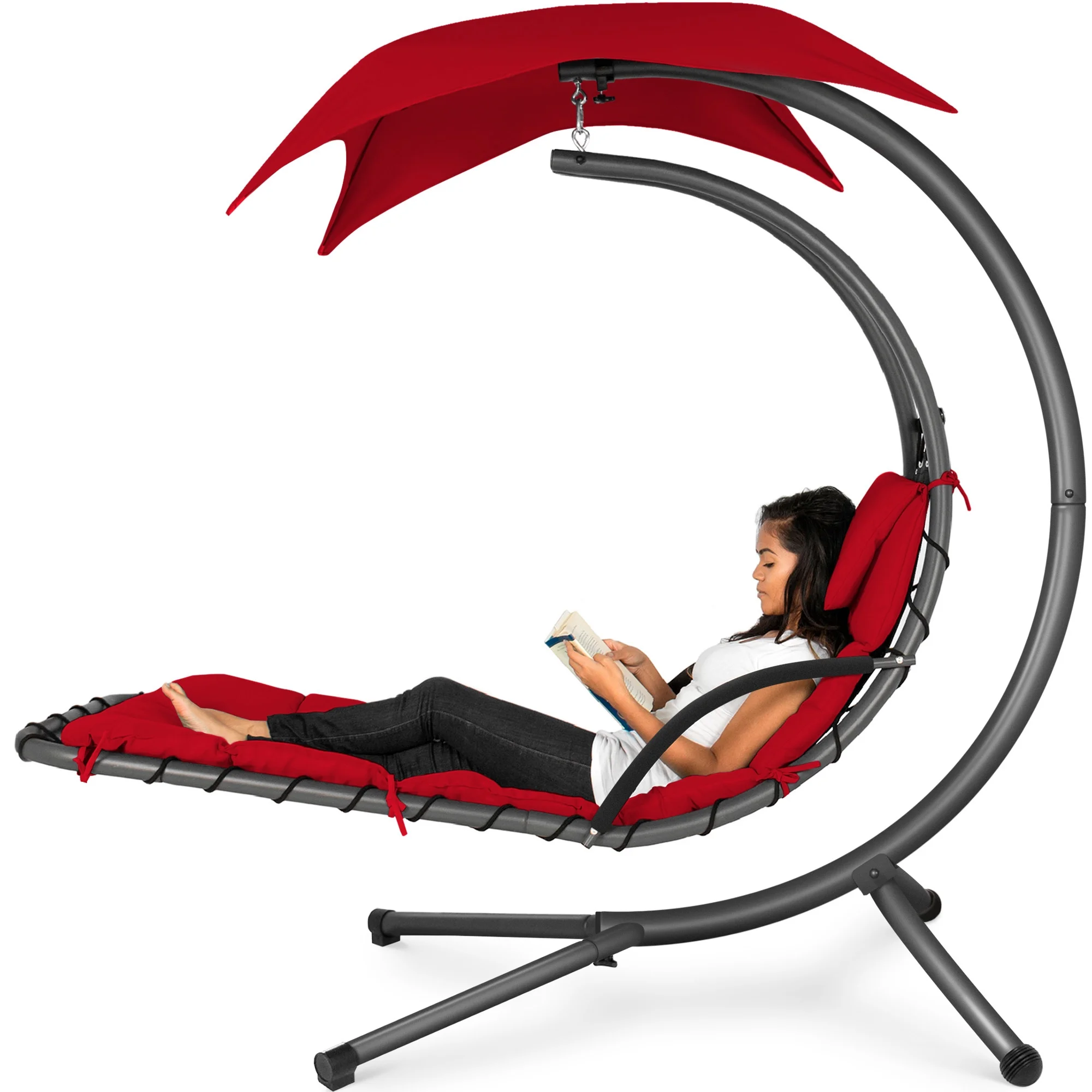 Best Choice Products Hanging Curved Chaise Lounge Chair Swing for Backyard, Patio w/ Pillow, Shade, Stand - Teal - Image 120