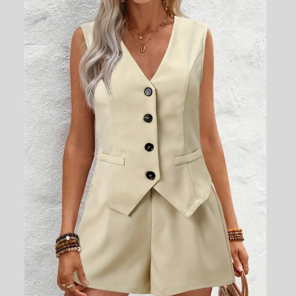 V-Neck Button Down Vest and Shorts Set - ZKZOOK