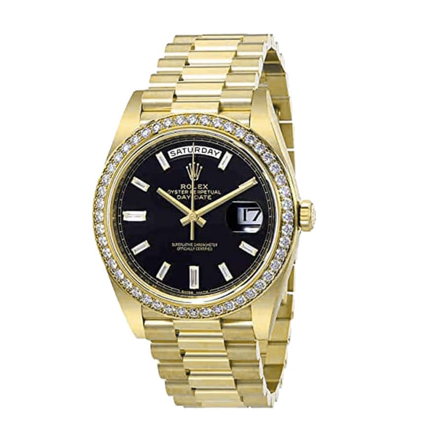 Rolex Day-Date 228398TBR Yellow Gold   Diamonds Black Dial Replica - Elite Watch Atelier