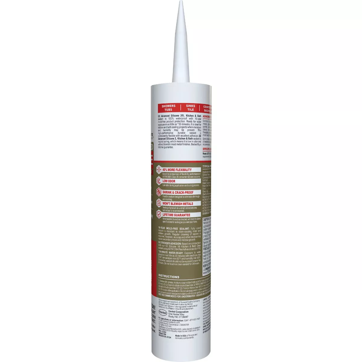 GE Advanced Silicone Kitchen & Bath Sealant, White, 10.1 Oz. Cartridge