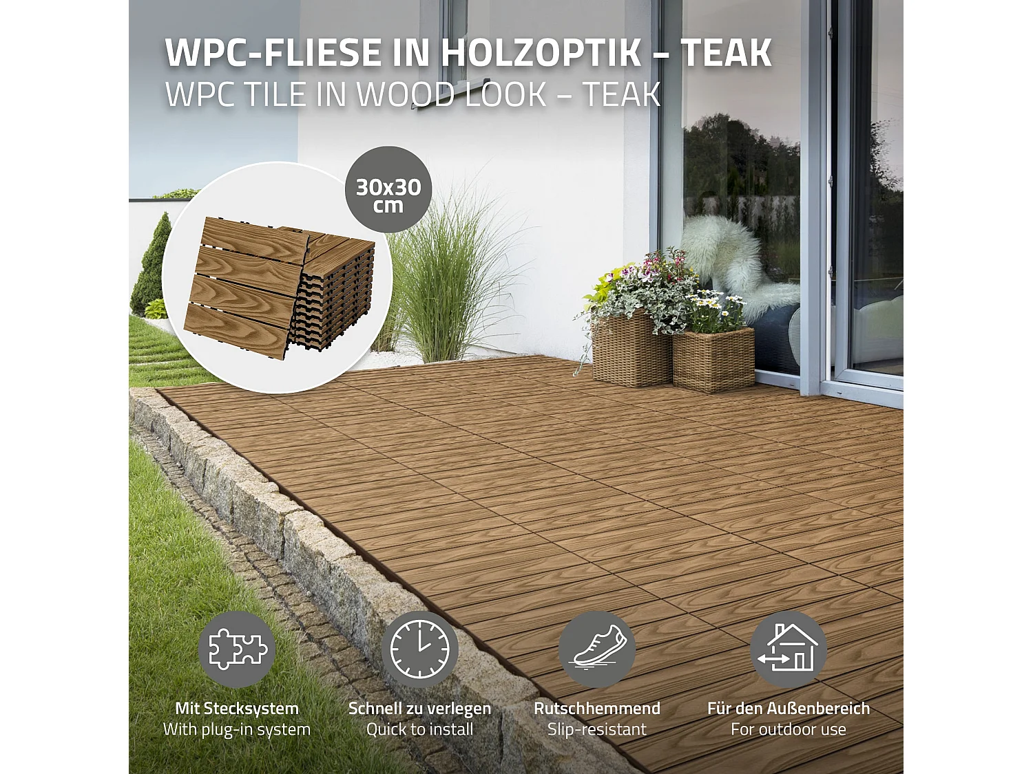 Dalles de terrasse WPC 30x30cm 44 pièces 4m² teck aspect bois avec système clipsable et drainage antidérapant intérieur extérieur revêtement de sol