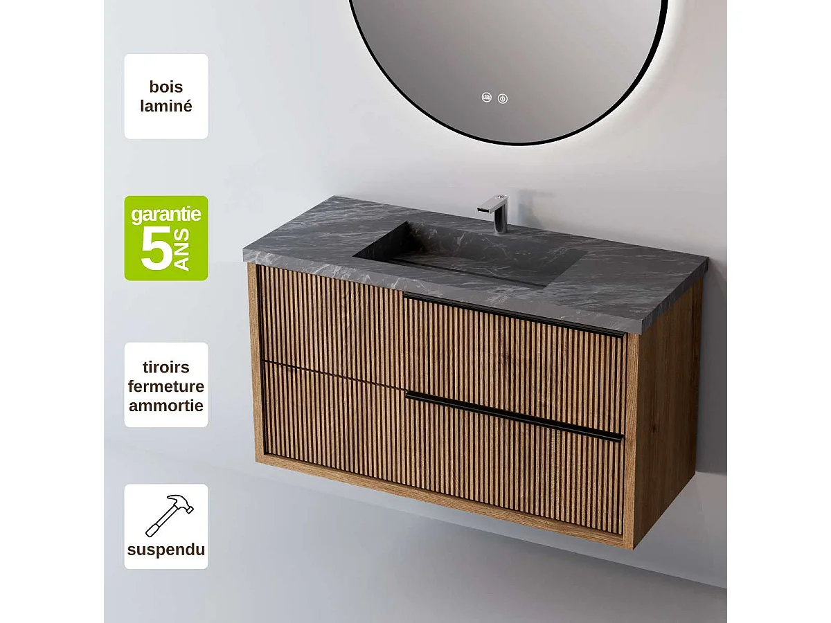 Meuble Salle de Bain TREND 100cm, Plan Vasque Grès Cérame, 2 Tiroirs Impression 3D Poignée Noir, Finition Chêne Foncé, H 54cm x P 45cm
