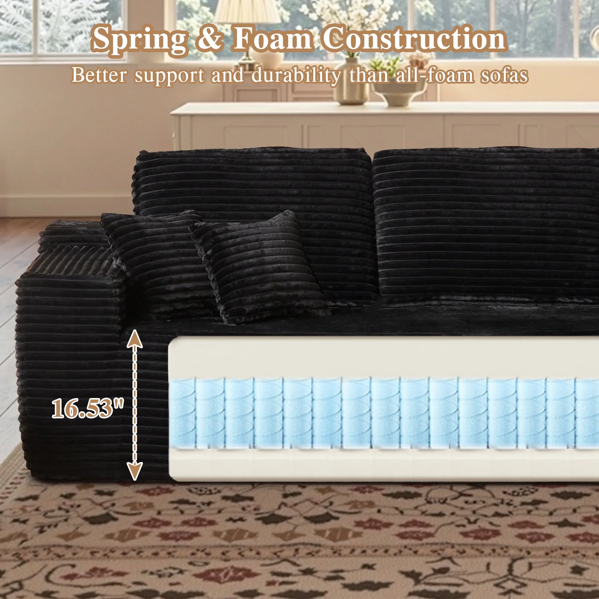 Ovios 106" L-Shaped Sectional Sofa Modern Modular Cloud Couch with Deep Seating Upholstered Sofa for Living Room Bedroom, No Assembly Required, Black(Corduroy) - Image 66