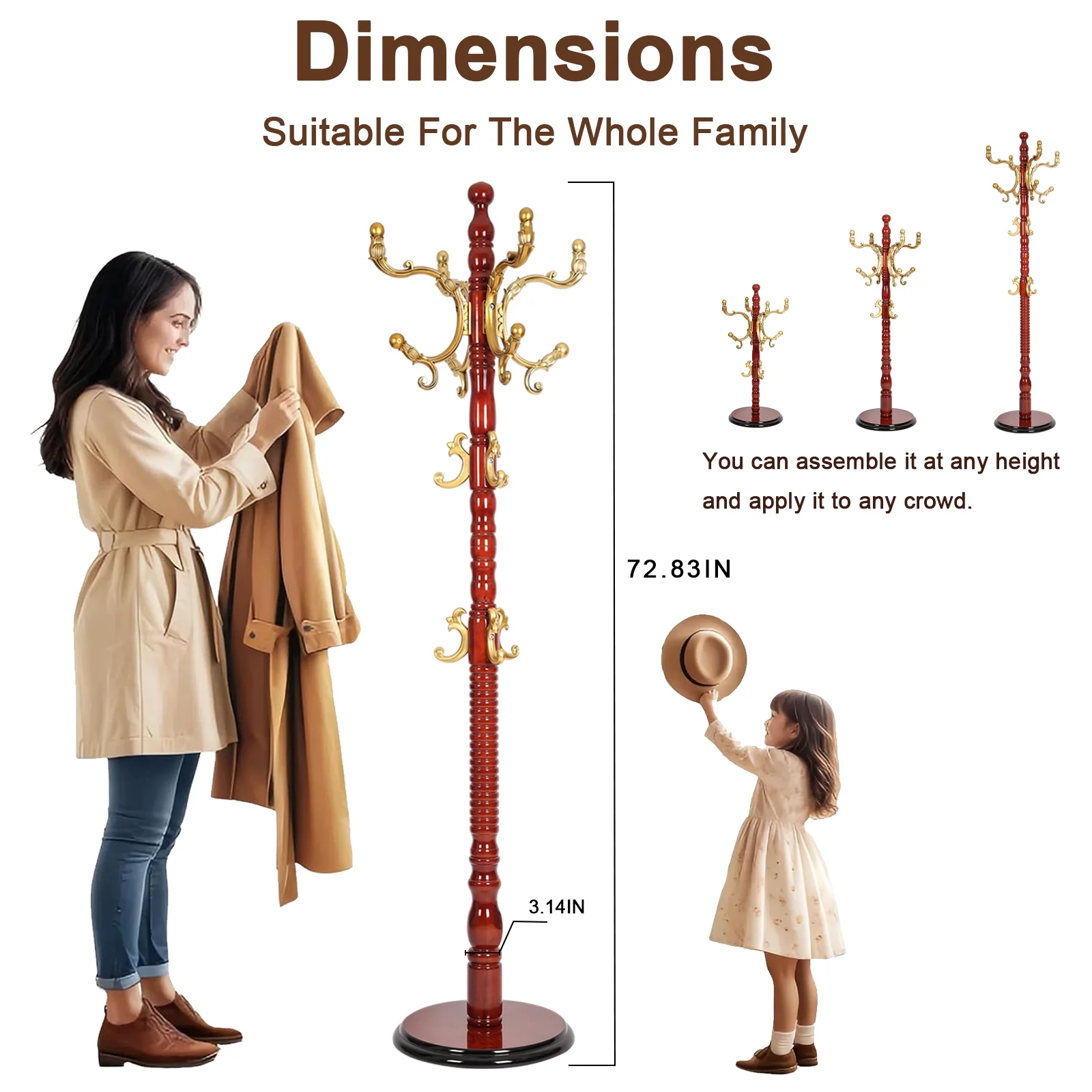Coat Rack Freestanding, Hall Tree with 11 Hooks, Heavy Duty Wooden Coat Tree Stand, Adjustable Height, Sturdy Base for Bedroom Hallway Office - Load 270lbs - Image 24