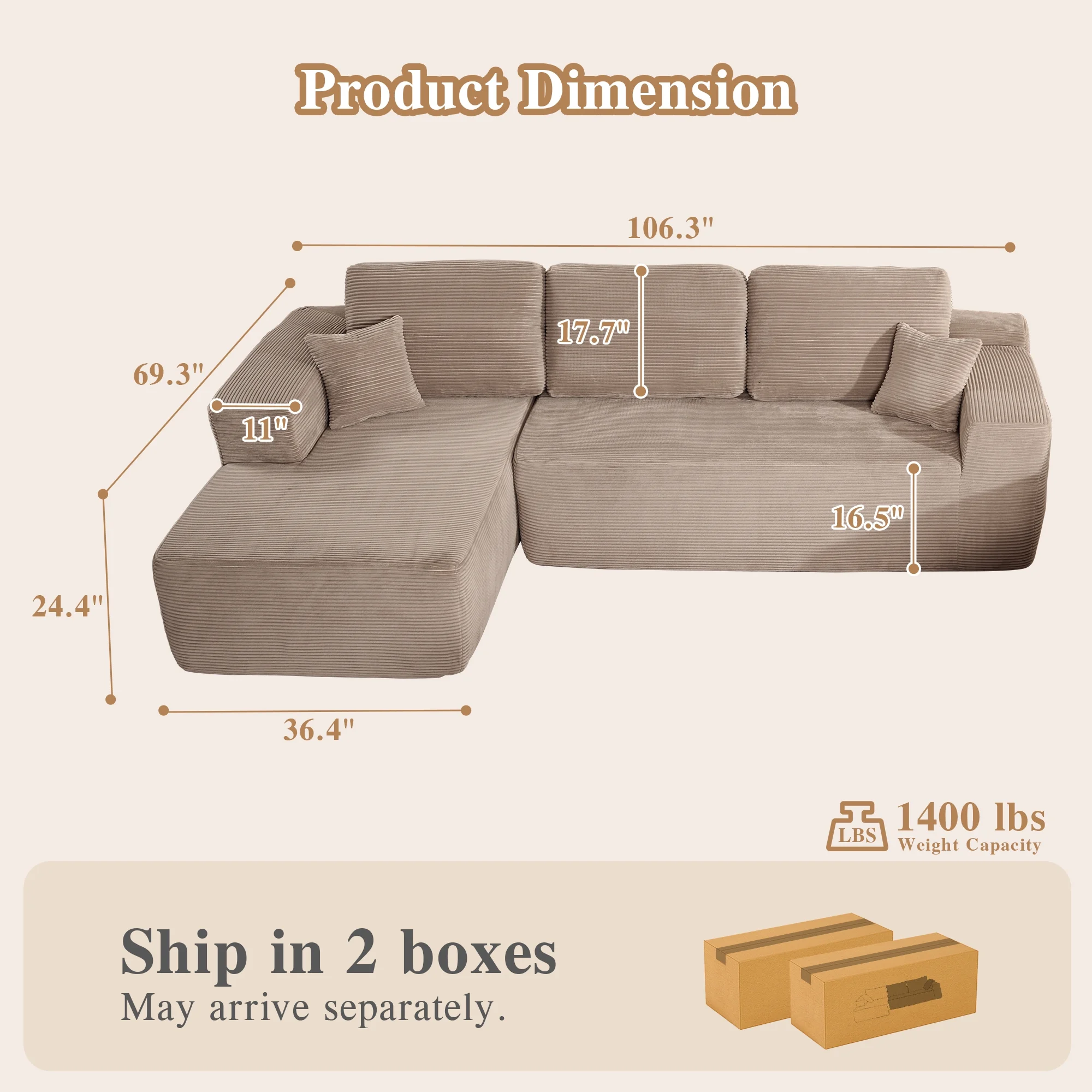 Ovios 106" L-Shaped Sectional Sofa Modern Modular Cloud Couch with Deep Seating Upholstered Sofa for Living Room Bedroom, No Assembly Required, Black(Corduroy) - Image 53