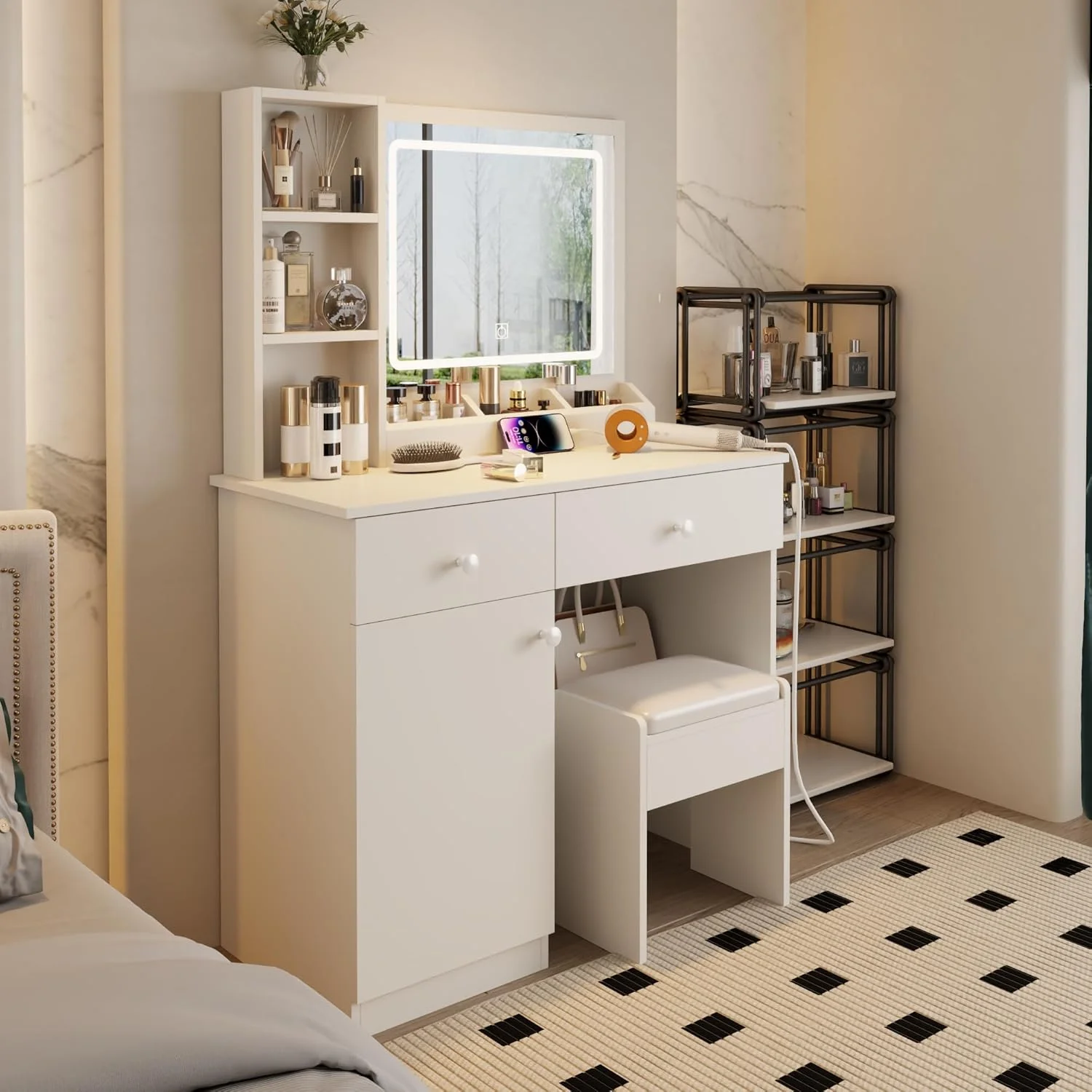 Montary Modern Mini Vanity w/Adjustable LED Mirror + Hidden Storage, Padded Stool & Dustproof Shelves (White) - Image 58