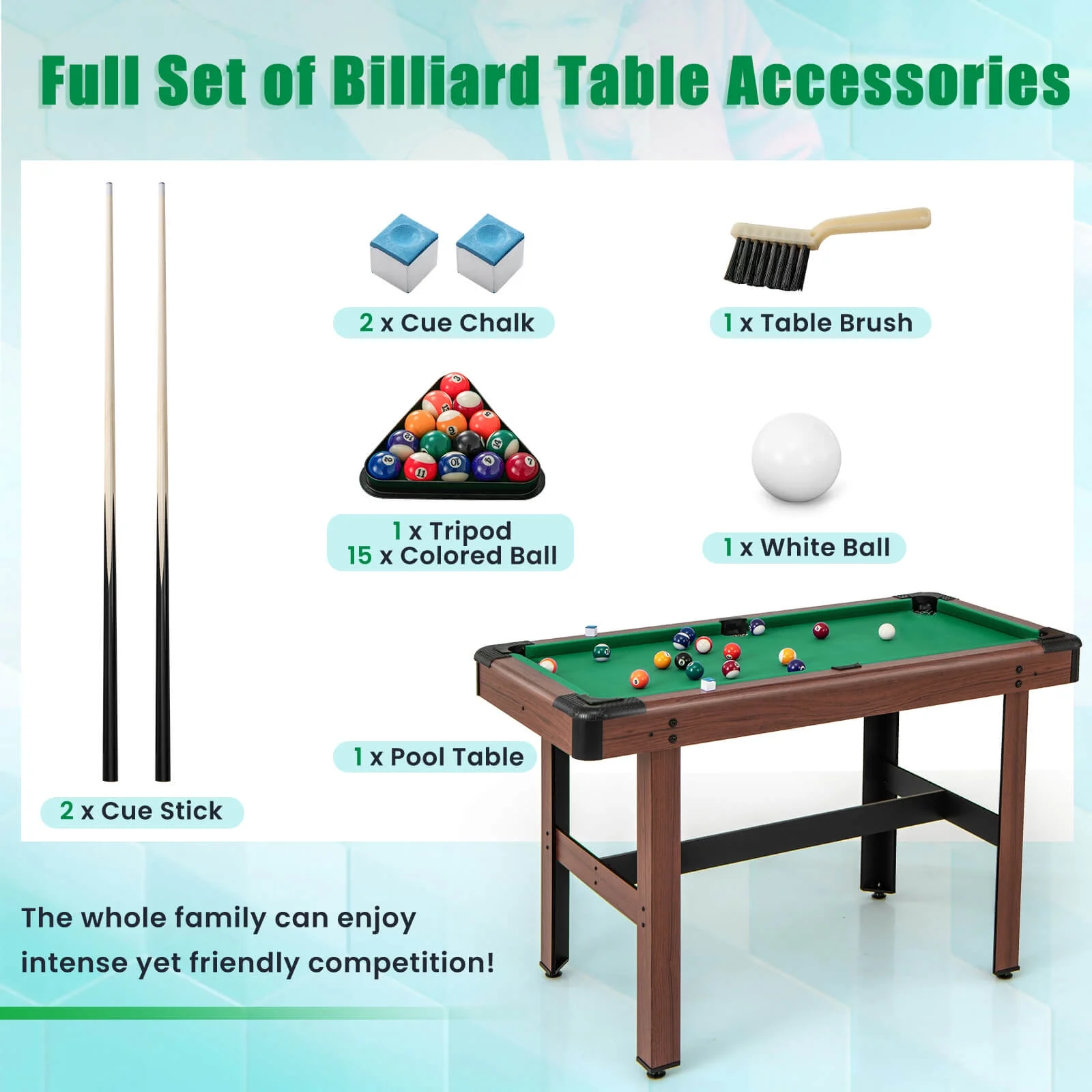 Costway 48" Pool Table for Kids & Adults with Full Set of Balls 2 Cue Sticks 2 Chalks Green - Image 9