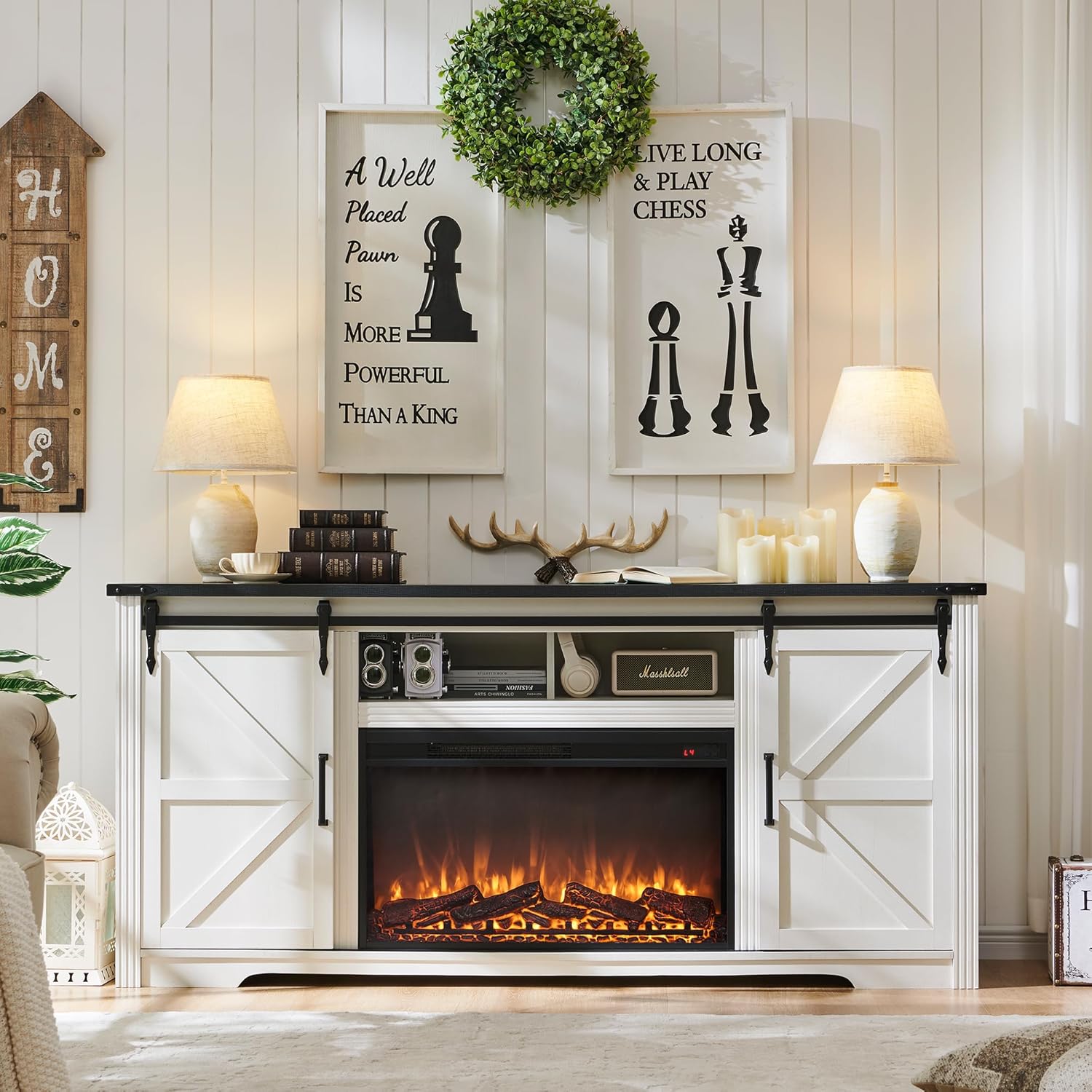 JXQTLINGMU Farmhouse Fireplace TV Stand for 75,80 Inch TV, 32