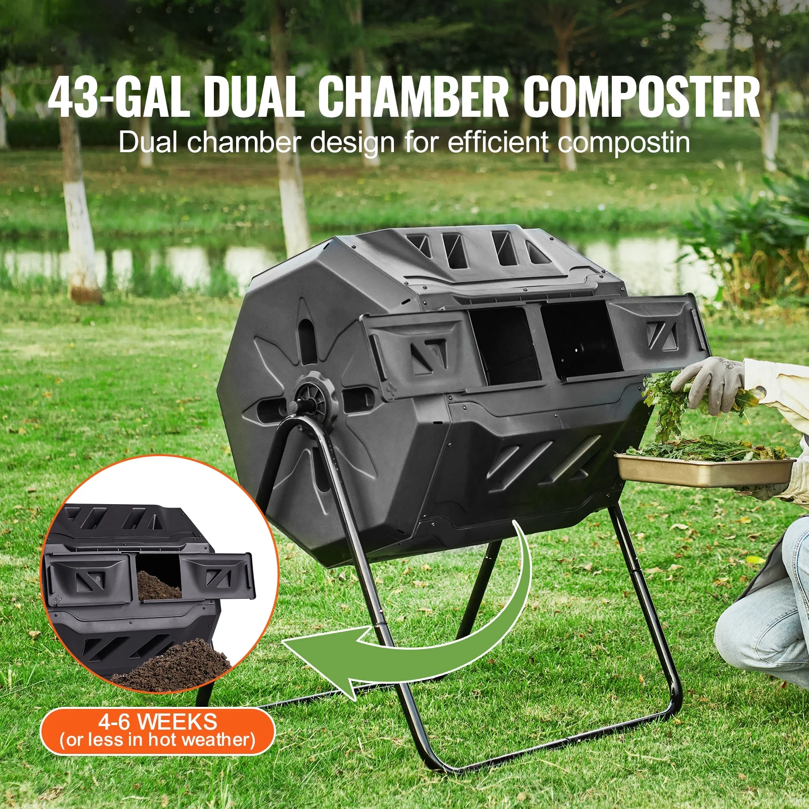 KFFKFF Compost Bin 43 Gal Dual-Chamber Composter Tumbler Rotating Sliding Door 29 x 24.6 x 37.6 in