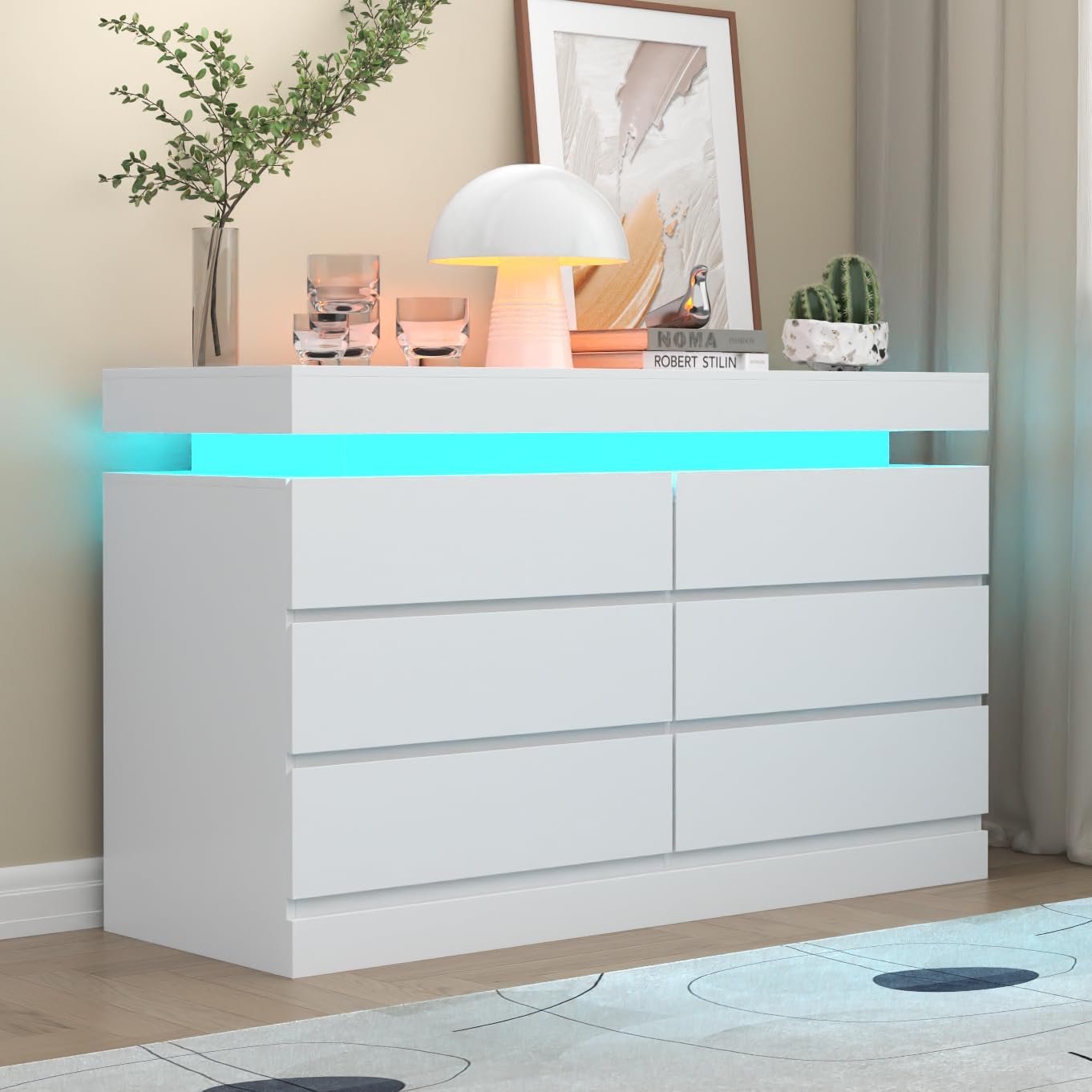 6 Drawer Dresser with Power Outlet, Dresser with LED Light, Modern Chest of Drawers for Closet, Double Wide Drawer Organizer Cabinet for Bedroom, Living Room (White, 6 Drawers)