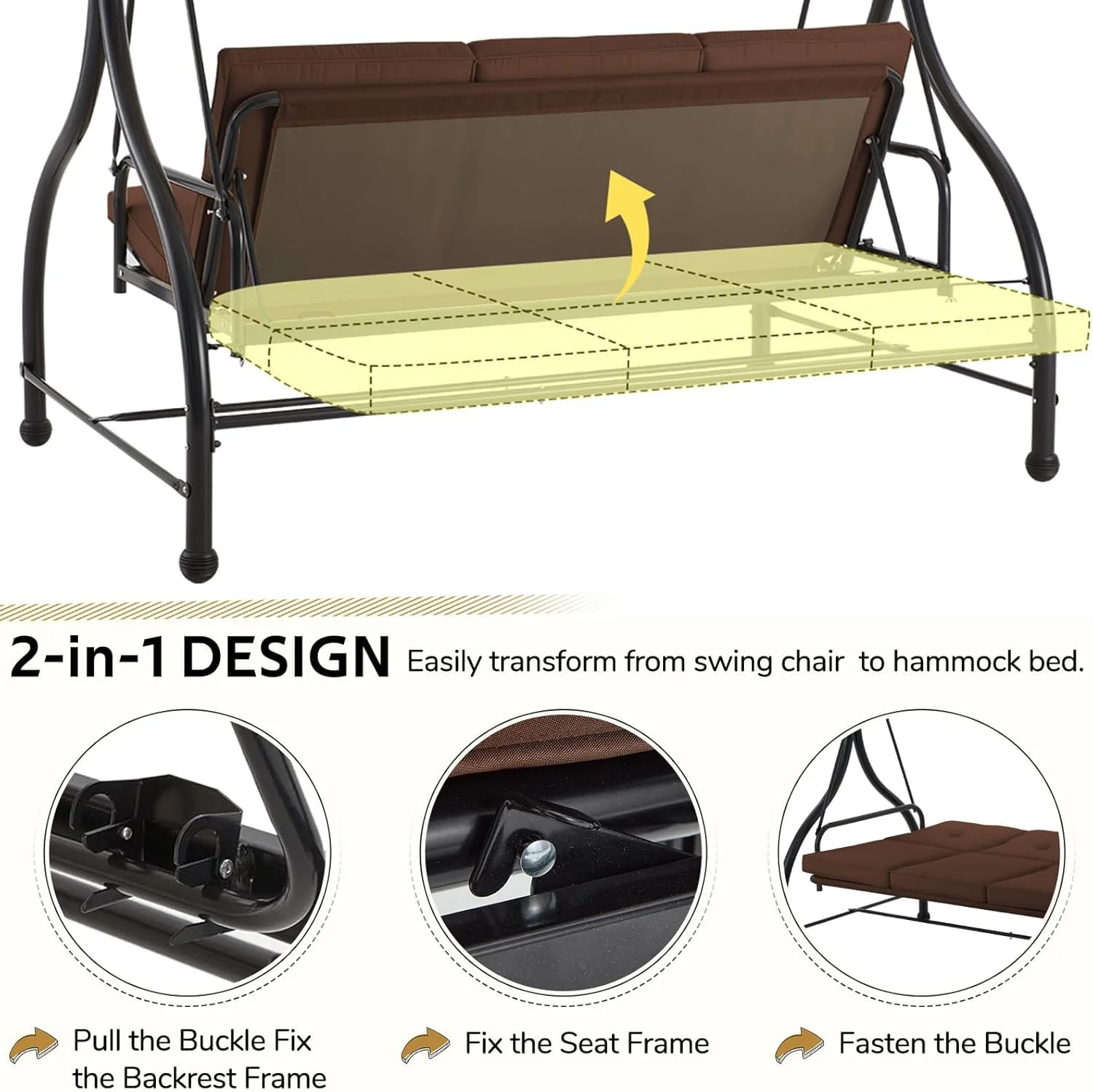 AECOJOY 3 Person Canopy Steel Porch Swing, Converting Swing Glider Hammock-Beige - Image 29