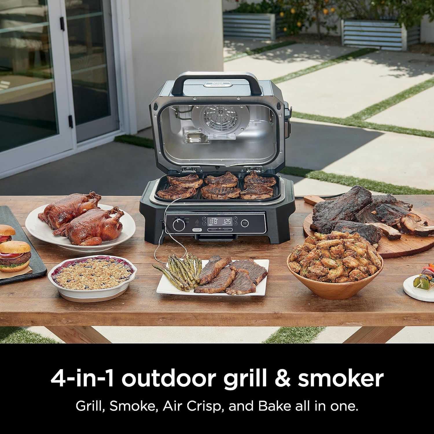 Ninja 7-in-1 Portable Electric Outdoor Grill And Smoker With Thermometer, Grey - OG751BRN - Image 12 Ninja 7-in-1 Portable Electric Outdoor Grill And Smoker With Thermometer, Grey - OG751BRN - Image 12
