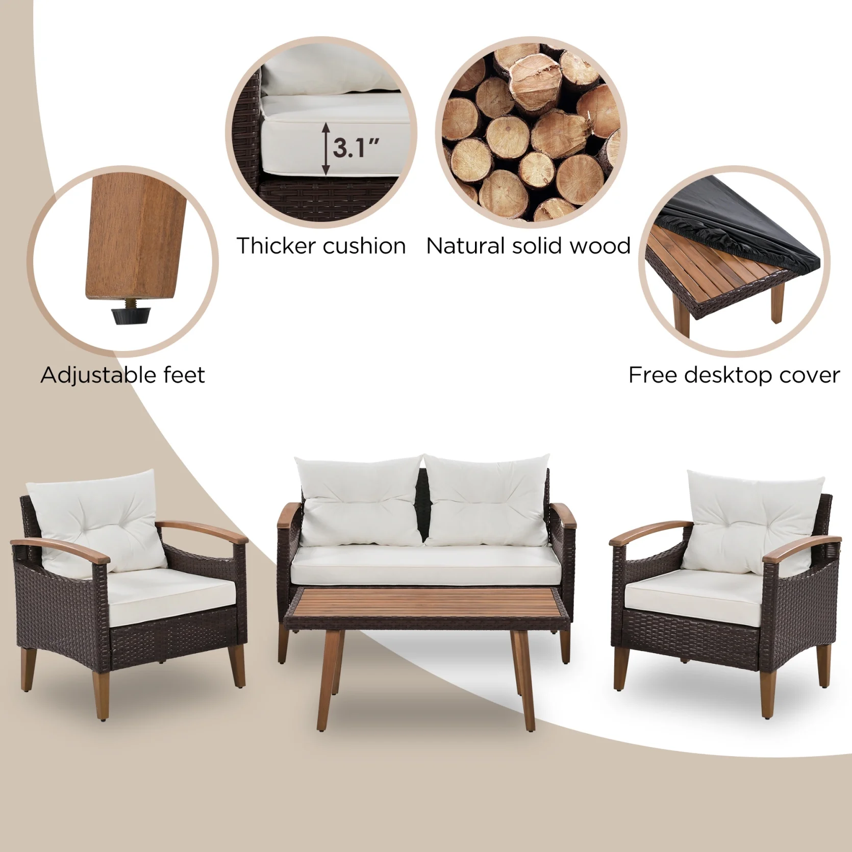 4 Piece Garden Furniture Set, Patio Seating Set with Wood Table, PE Rattan Sofa and 2 Chairs, Outdoor Conversation Set with Table Cover, Pillows and Adjustable Feet, Brown+Beige - Image 4