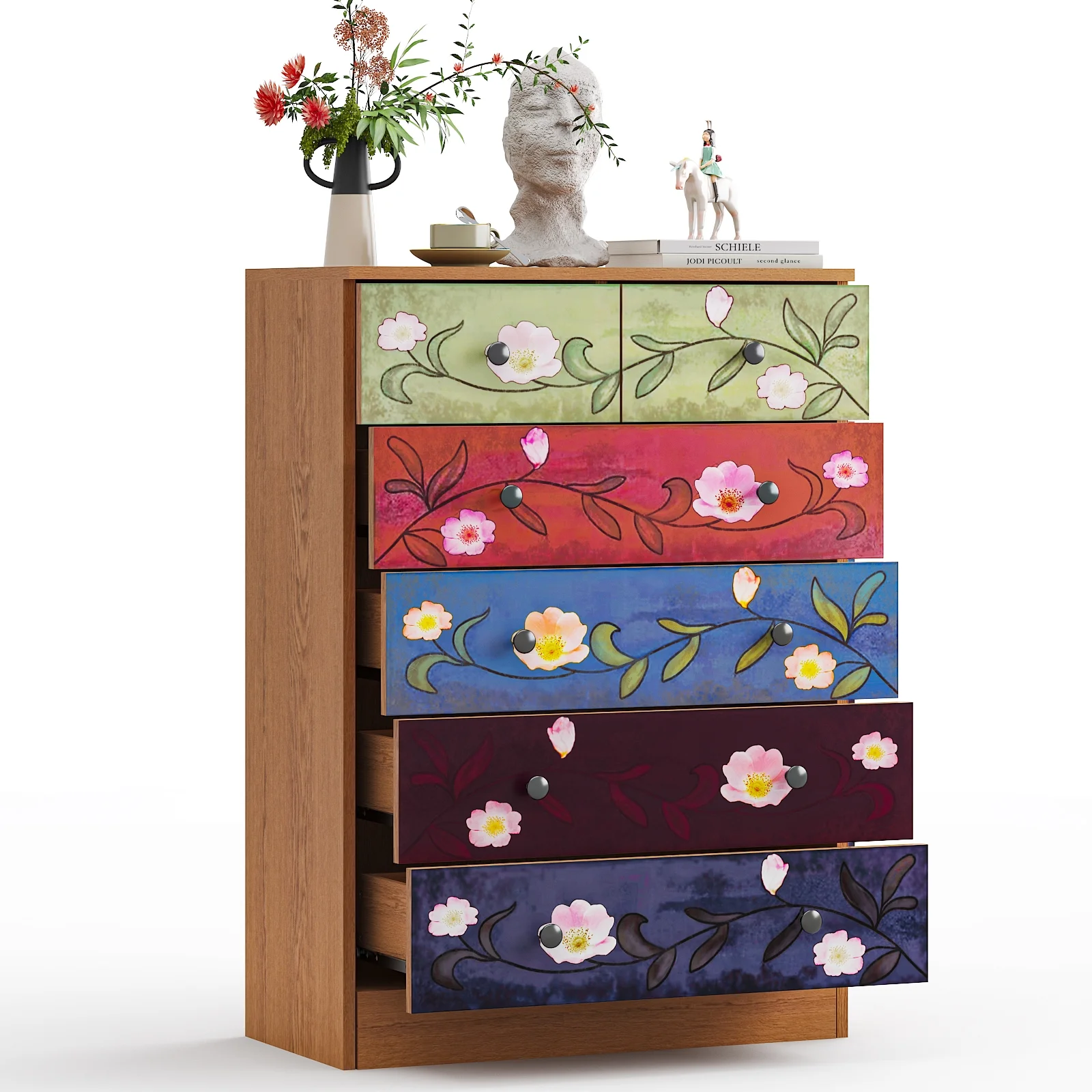 Ktaxon Wood 6-Drawer Dresser Organizer for Bedroom Storage Tower for Entryway Hallway Closet, Tall Chest Organizer Unit with Wood Bins, Floral Painted Wooden - Image 9