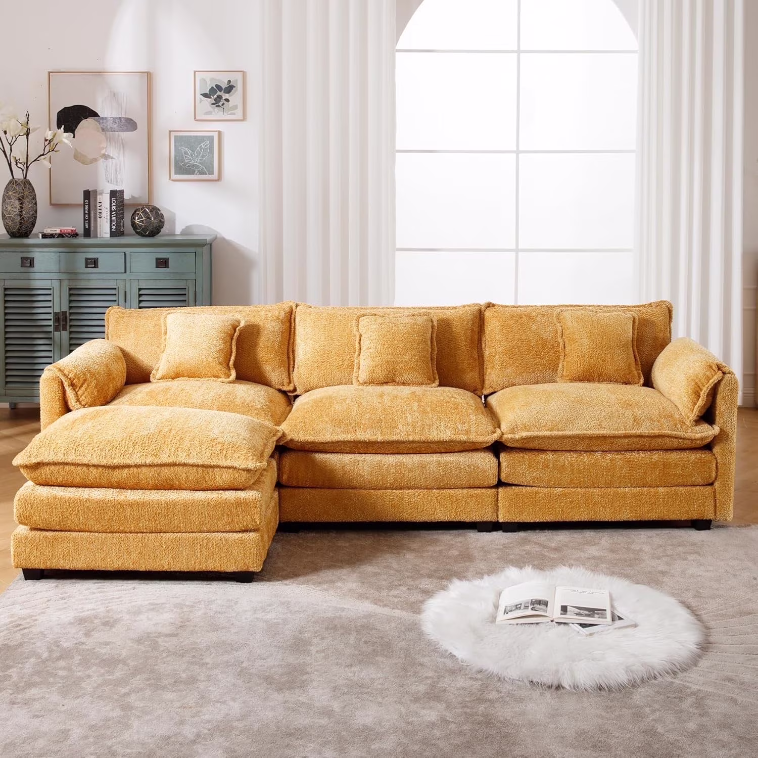 GNIXUU 112" Oversized Sectional Sofa Cloud Couch for Living Room, Modern Chenille L Shaped Couch, Comfy Boucle Modular Sofa Sleeper with Moveable Ottoman & Memory Foam (Green) - Image 5