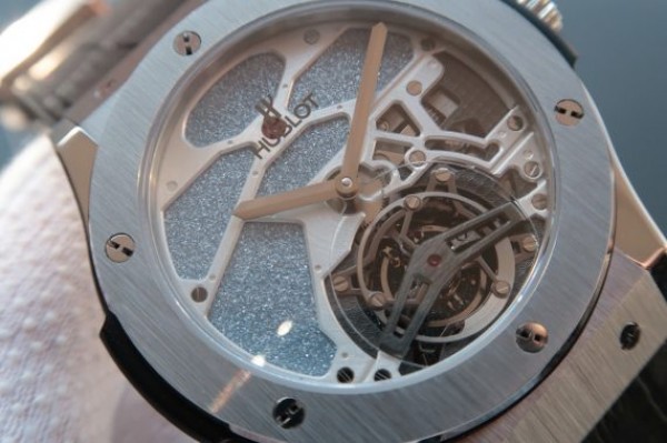 Replica Hublot Classic Fusion Tourbillon 45mm TF Purple Skeleton Dial Black Gummy Strap A23J - Elite Watch Atelier