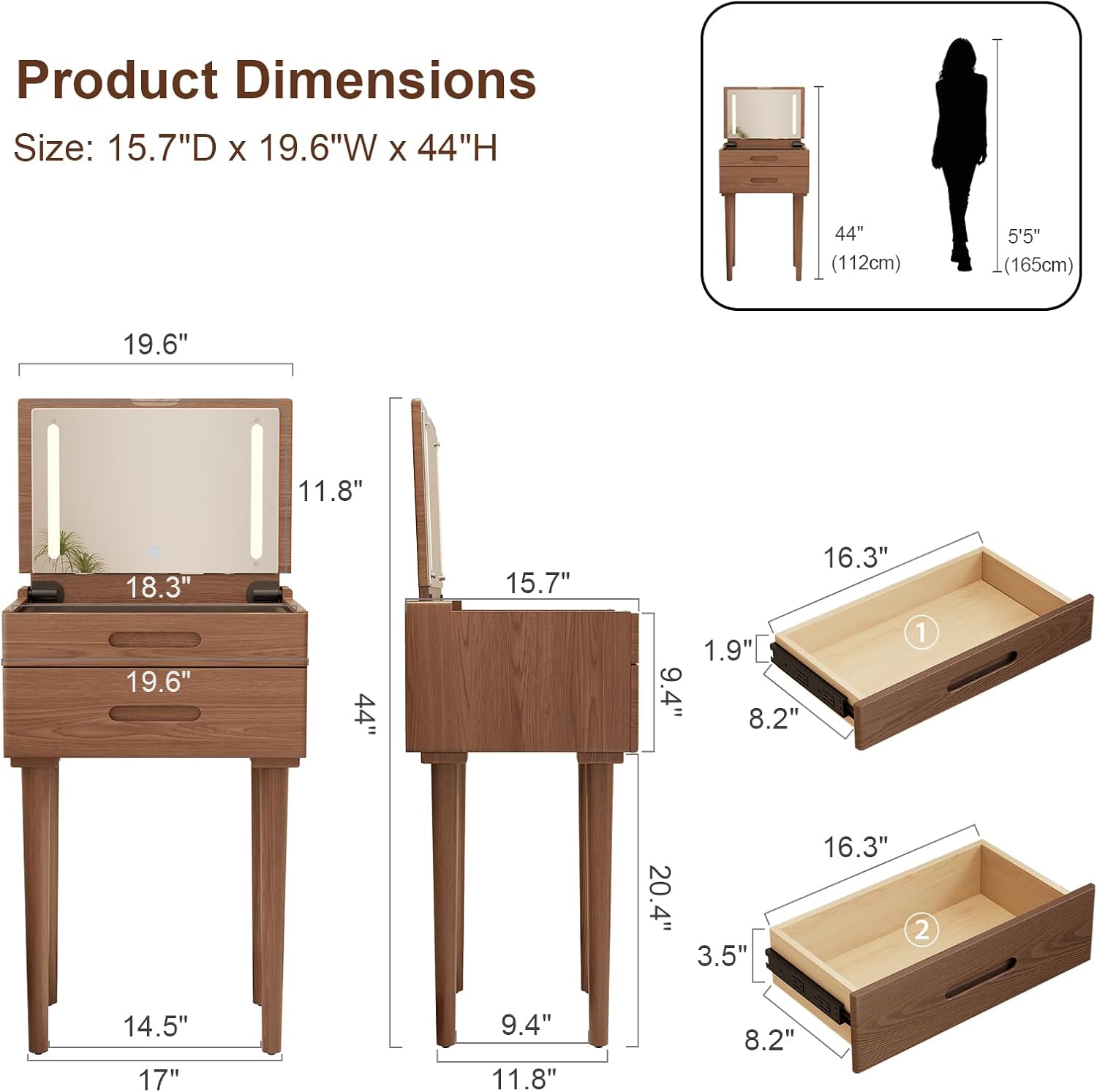 Solid Wood Small Vanity Desk with Mirror and Lights, Narrow Makeup Vanity for Small Space, Flip Top Vanity Side Table, 3 Color Modes & Adjustable Brightness, 19.6