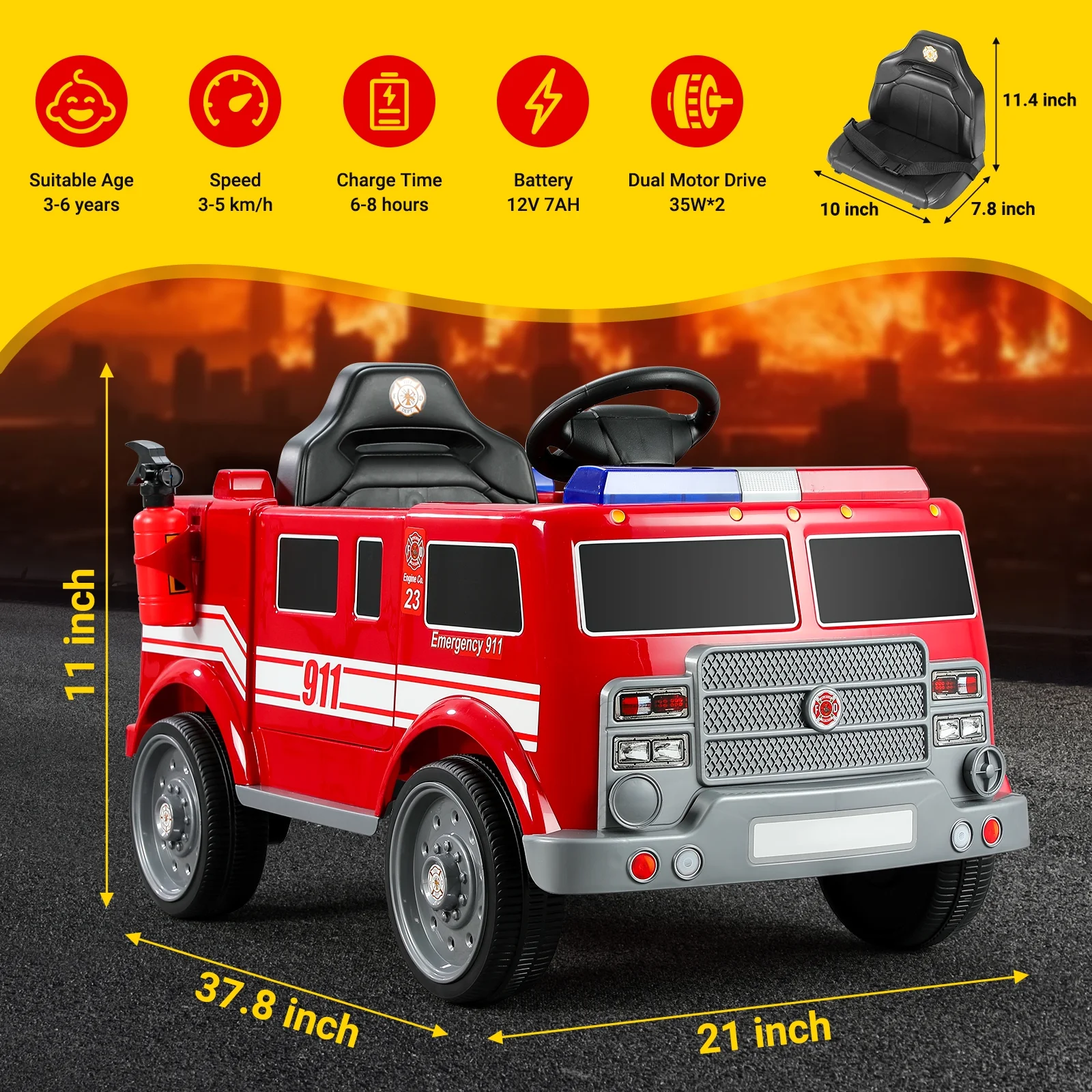 Bobiber Ride on Fire Truck, 12V Battery Powered Ride-On Toy Vehicle with Remote Control, Megaphone, Flashing Lights, Siren and Fire Extinguisher - For Boys and Girls Ages 3-6 - Image 8