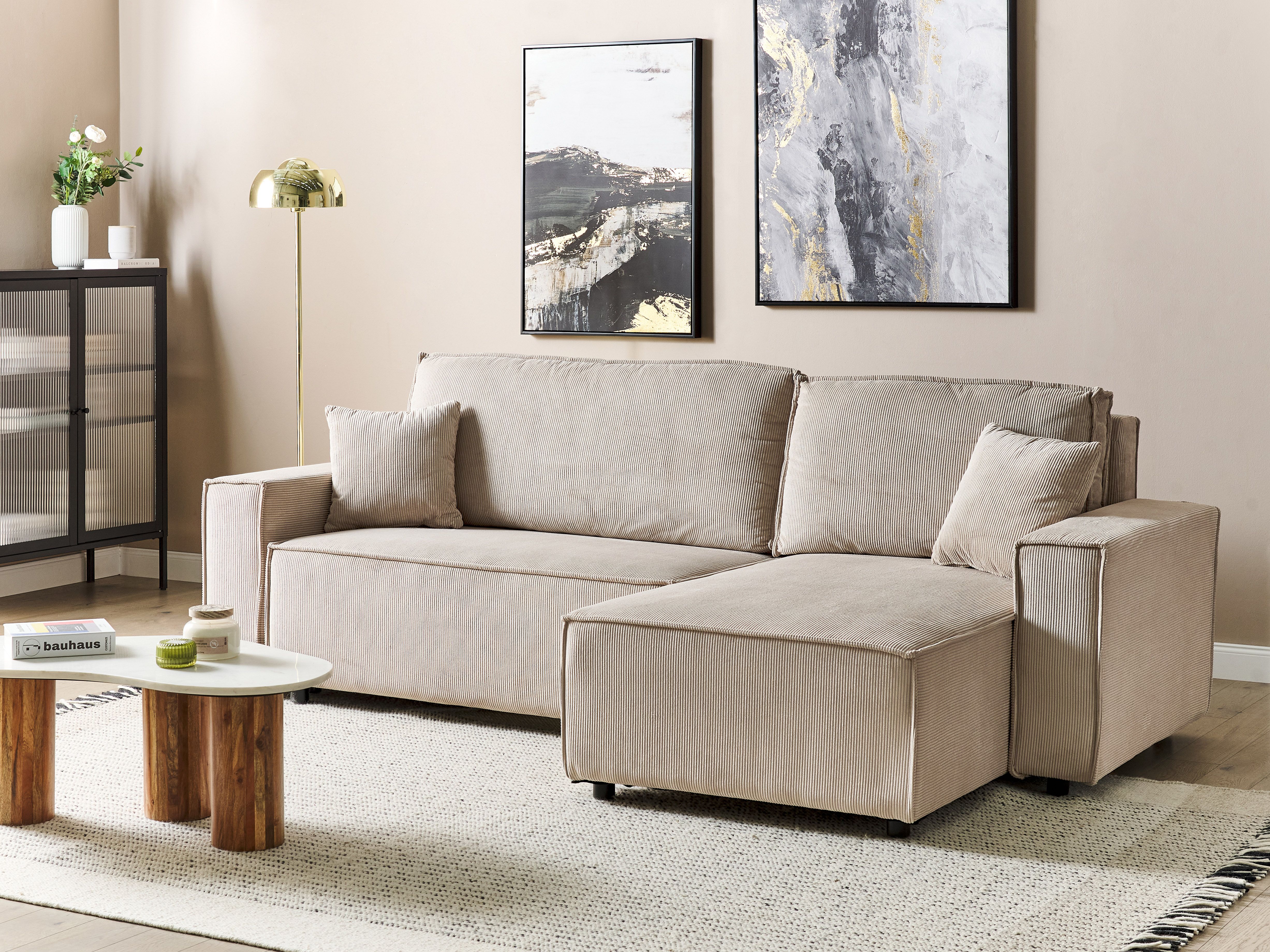 Corner Sofa Bed 3 Seater ABACKA Corduroy Beige Left Hand
