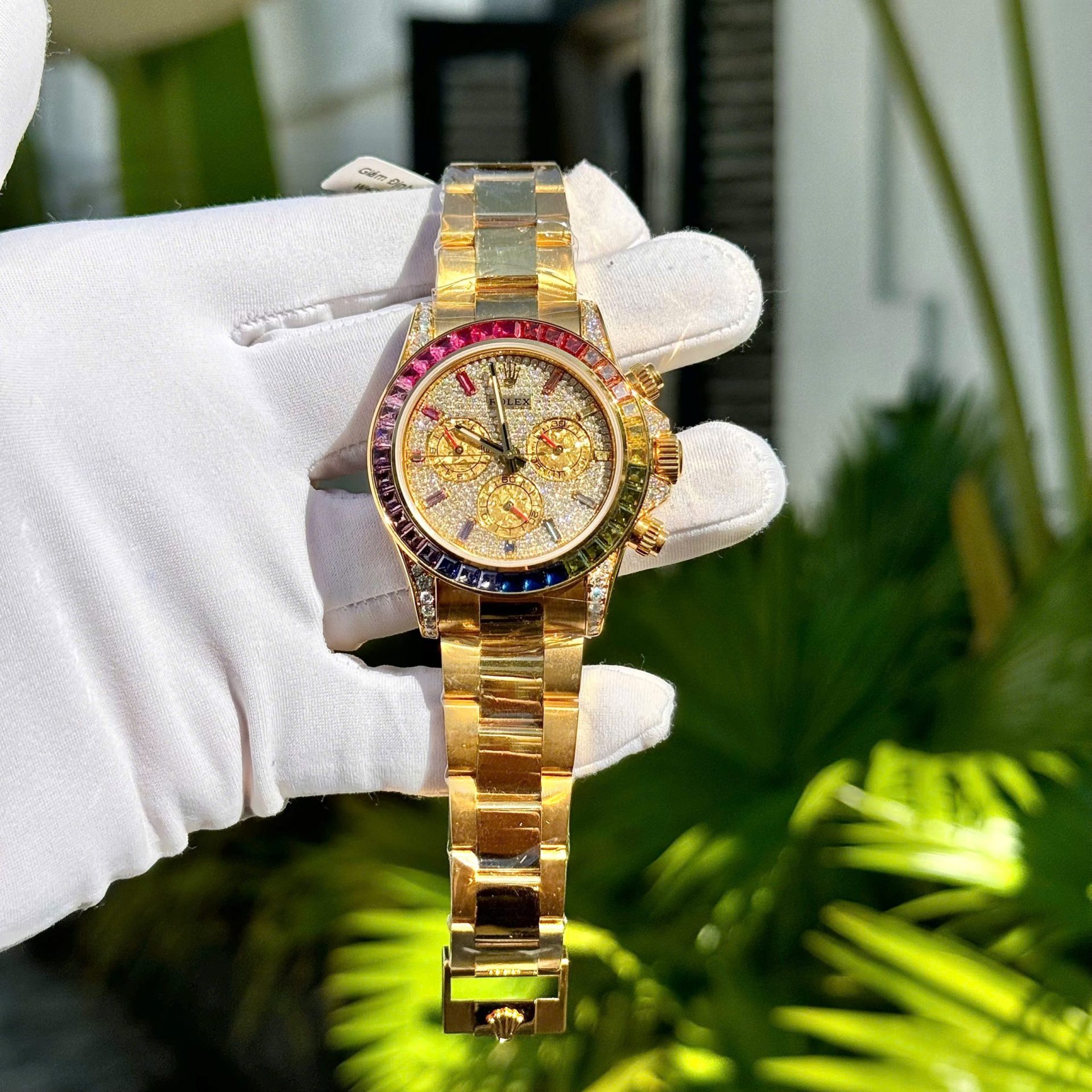 Rolex Daytona Rainbow Replica Watch 18K Gold Wrapped Customs Moissanite   Gemstones 40mm - Elite Watch Atelier