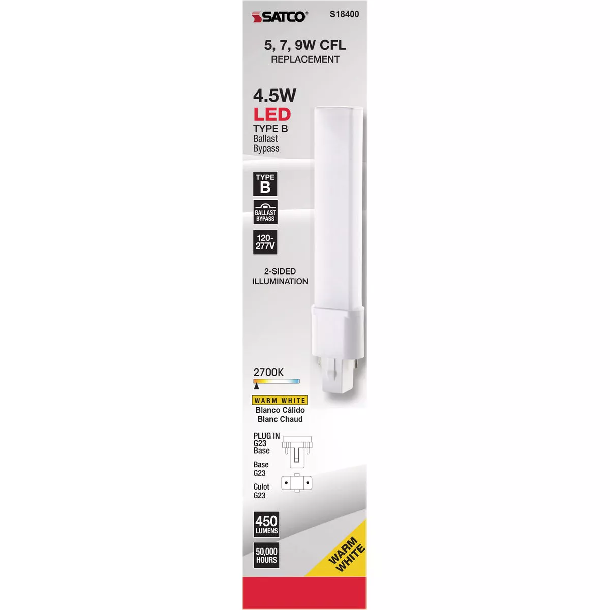 Satco 9W Equivalent PL G23 Warm White Ballast Bypass LED Light Bulb