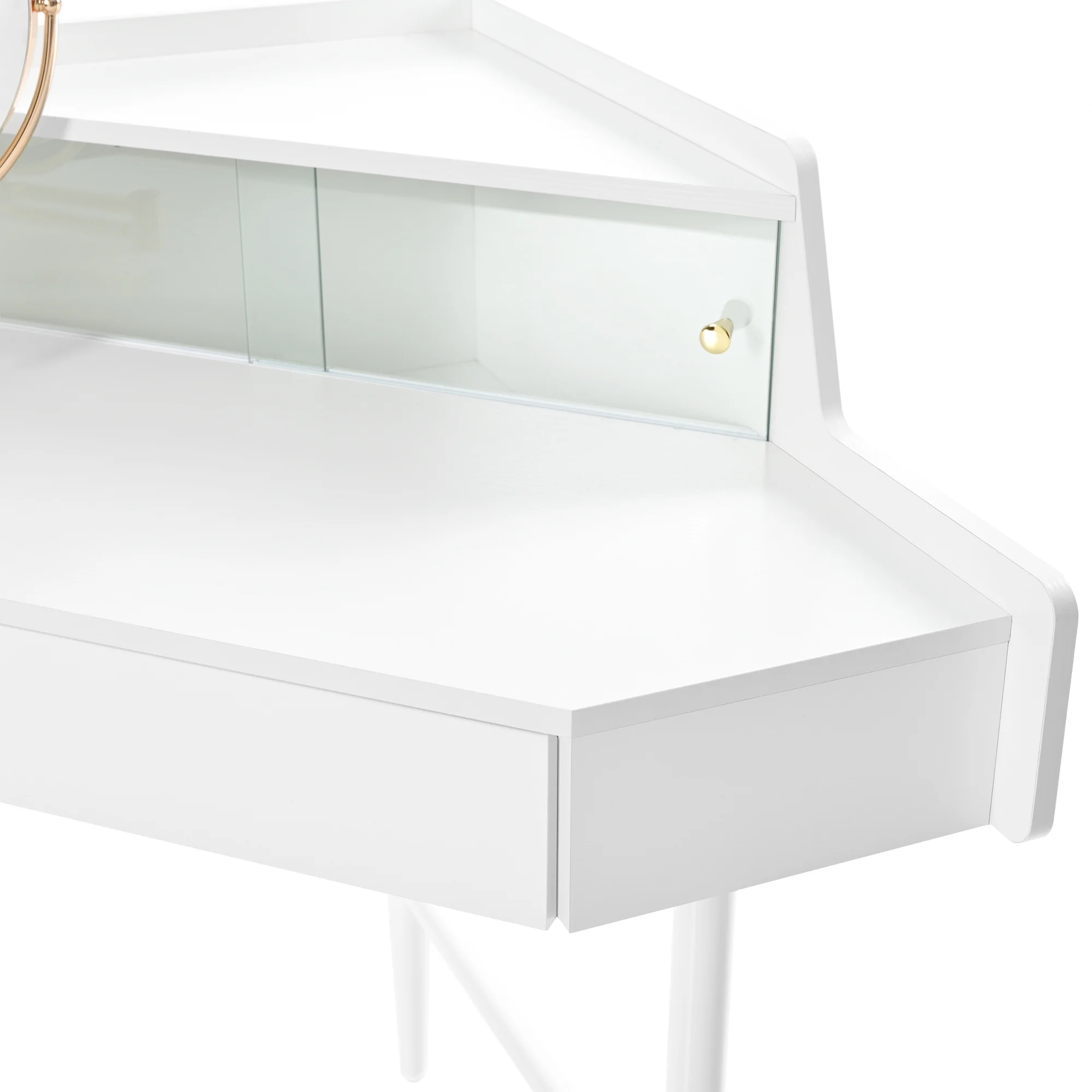 MODERNLUXE Corner Makeup Vanity Desk with Folding Mirror and Lights,Modern Vanity Set with 1 Stool,2 Drawers and 3 Shelves for Bedroom,Women, and Girls,Walnut - Image 15