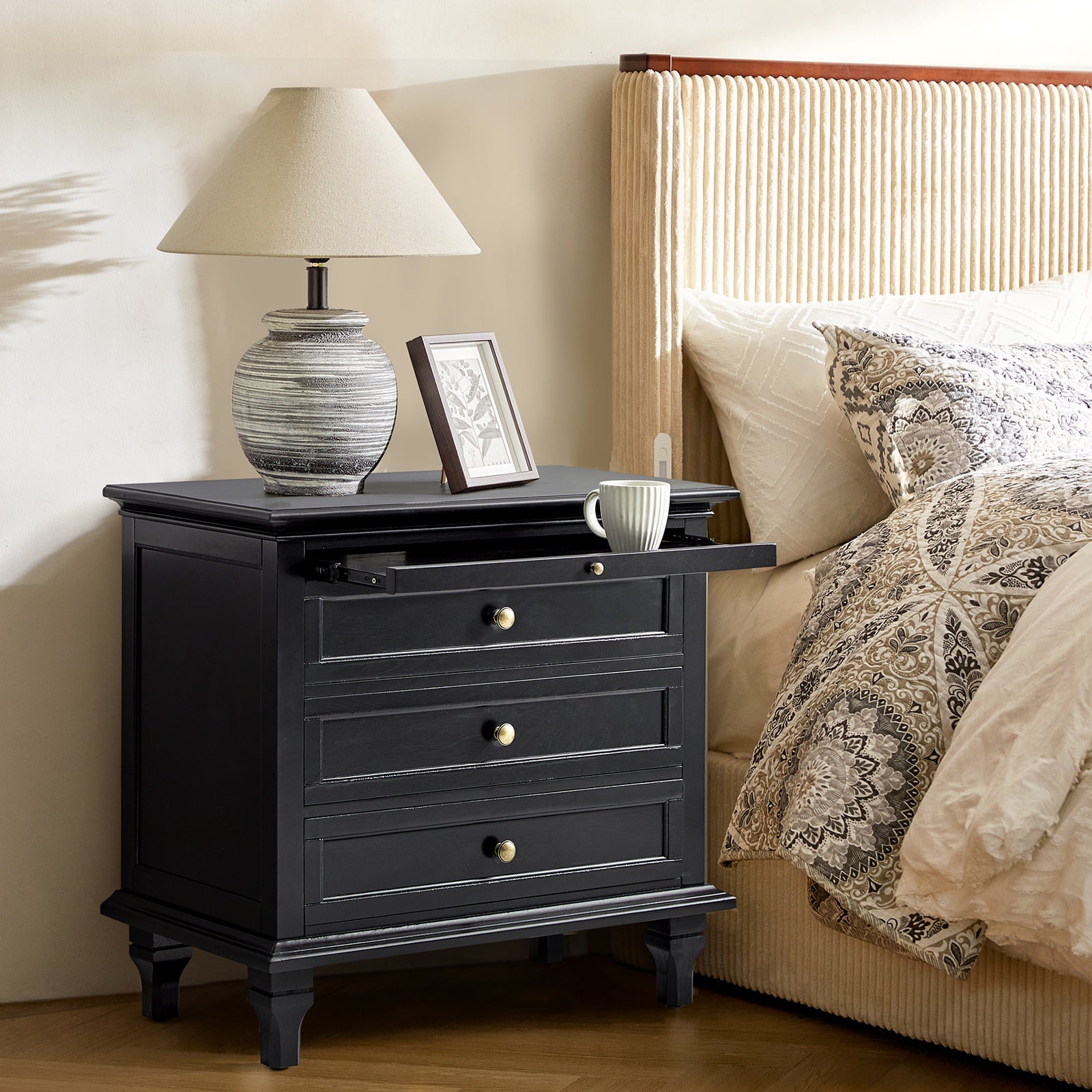 Farmhouse 3 Drawers Nightstand with Tray Bedside Table with Charging Station Acorn - Image 36