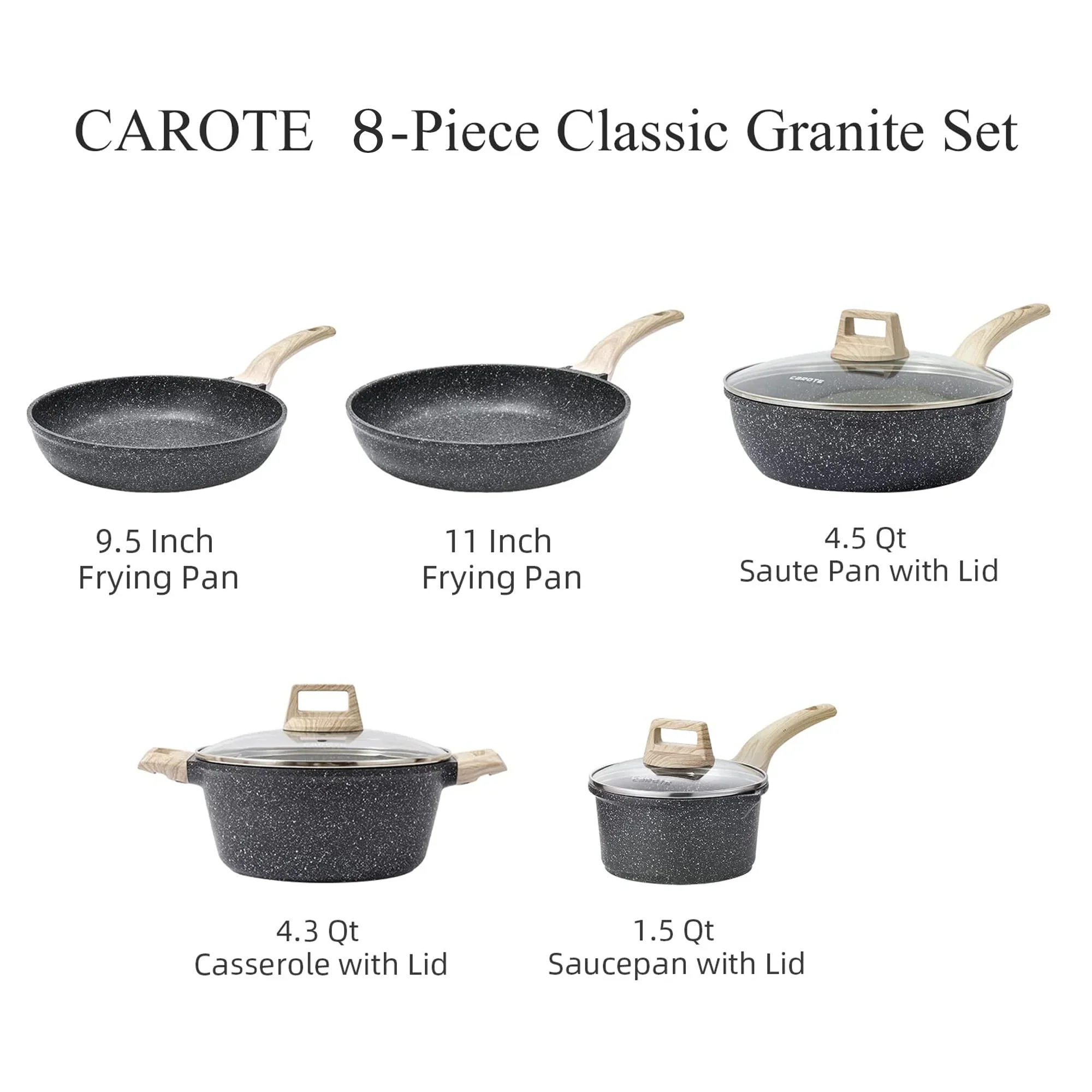 Carote Pots and Pans Set Non Stick, Nonstick Kitchen Cookware Sets,8 Pcs Induction Cookware (Black)