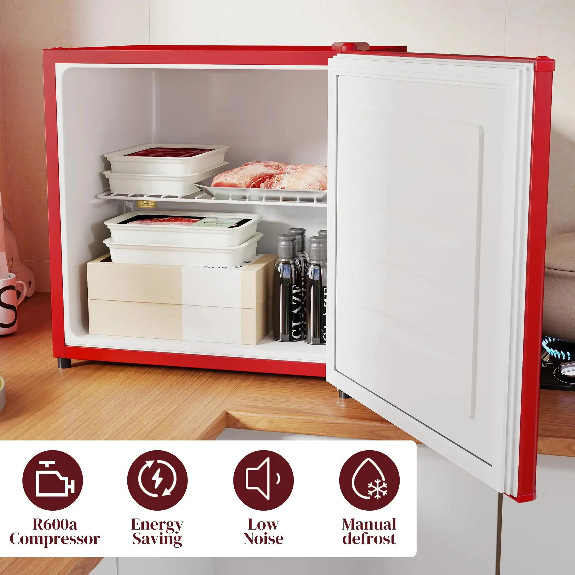 Resenkos 1.1 Cu.Ft Countertop Mini Freezer, Compact Upright Freezer with Removable Shelves, Red - Image 6
