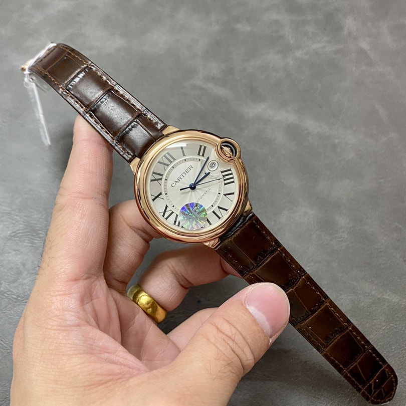 Fake Cartier Watch Ballon Bleu de Rose Gold 42mm Silver Dial Leather Strap WGBB0030 AF(1:1 replica) - Top club