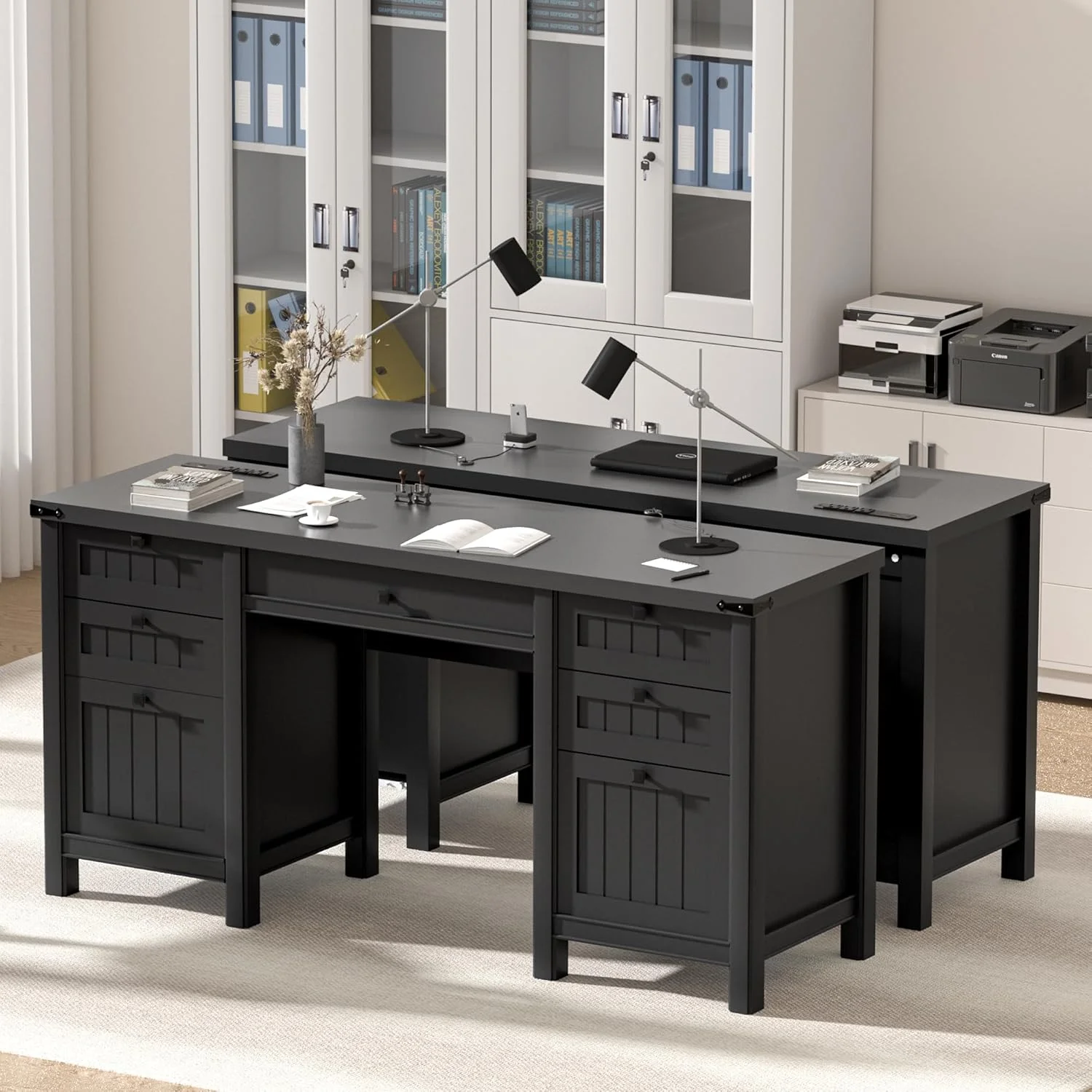 FIAKOA 45"Executive Desk, Modern Farmhouse Computer Desk with Drawers & Cabinet, White Home Office Desk Writing Workspace for Work Study - Image 17