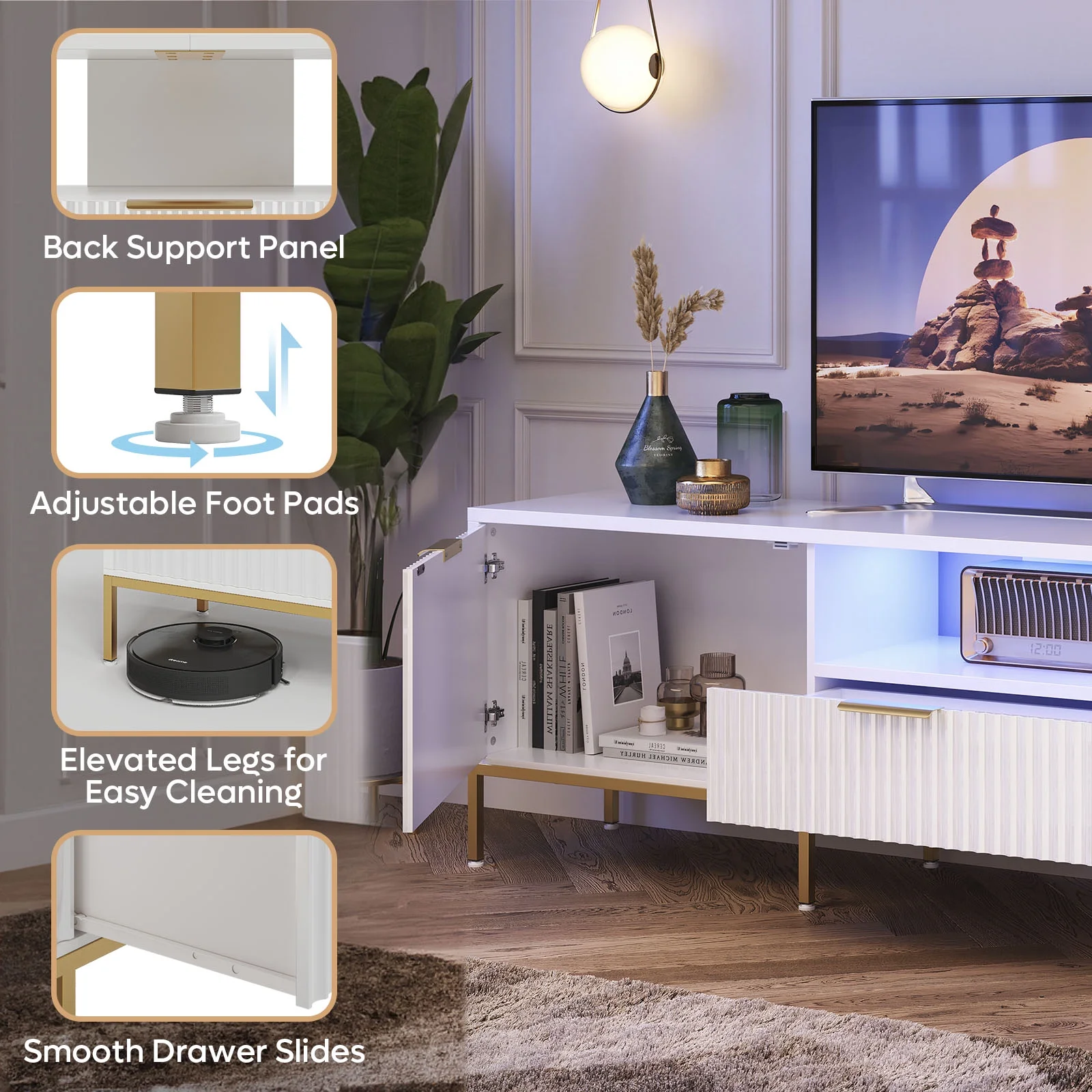 Bestier 55" LED TV Stand for TVs up to 60" Modern High Gloss Entertainment Center with Drawers Cabinets Fluted TV Console, White & Gold - Image 24
