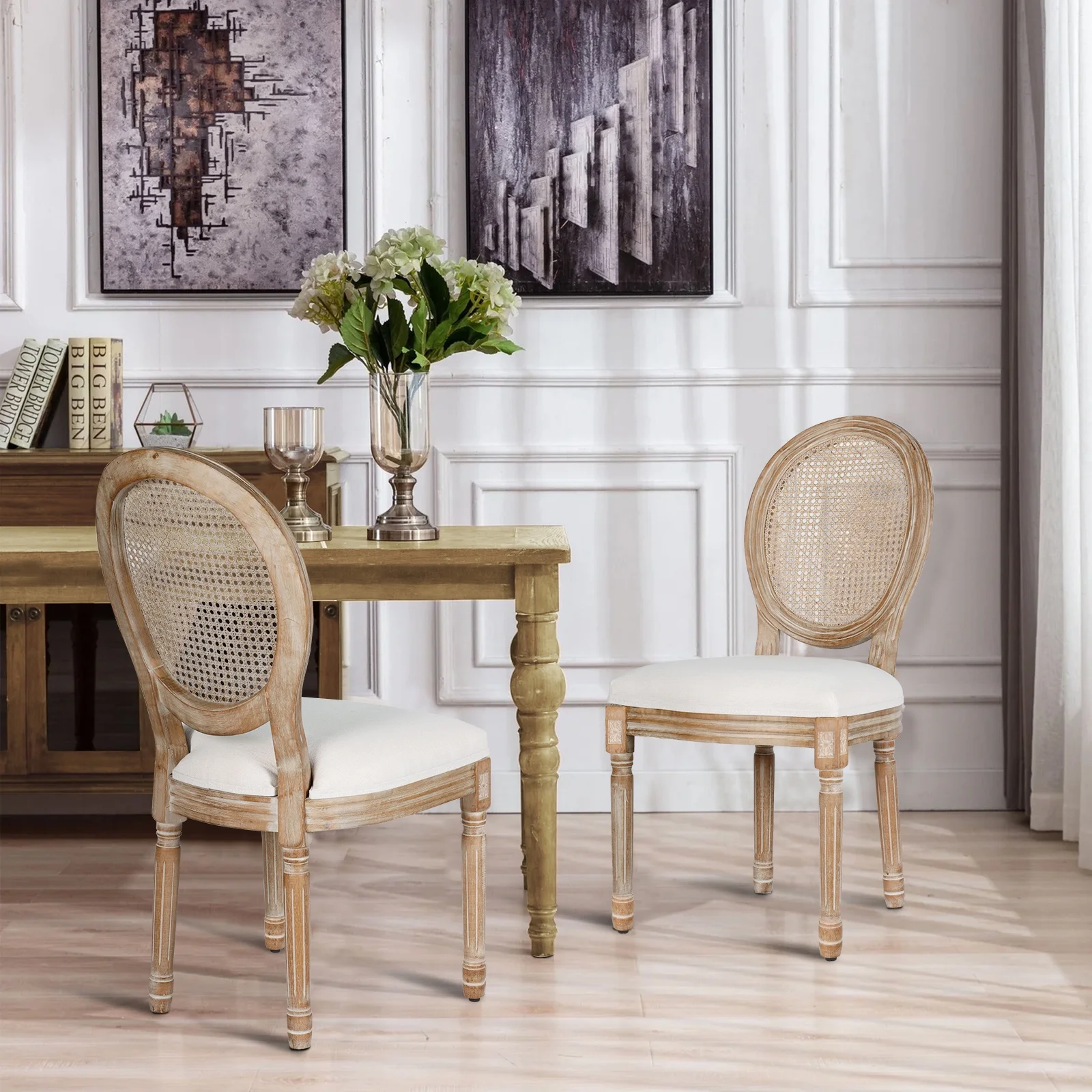 French Dining Chairs Set of 2 Beige Natural Fabric Round Back with Solid Wood Legs and Frame for Bedroom Dining Room Kitchen - Image 22