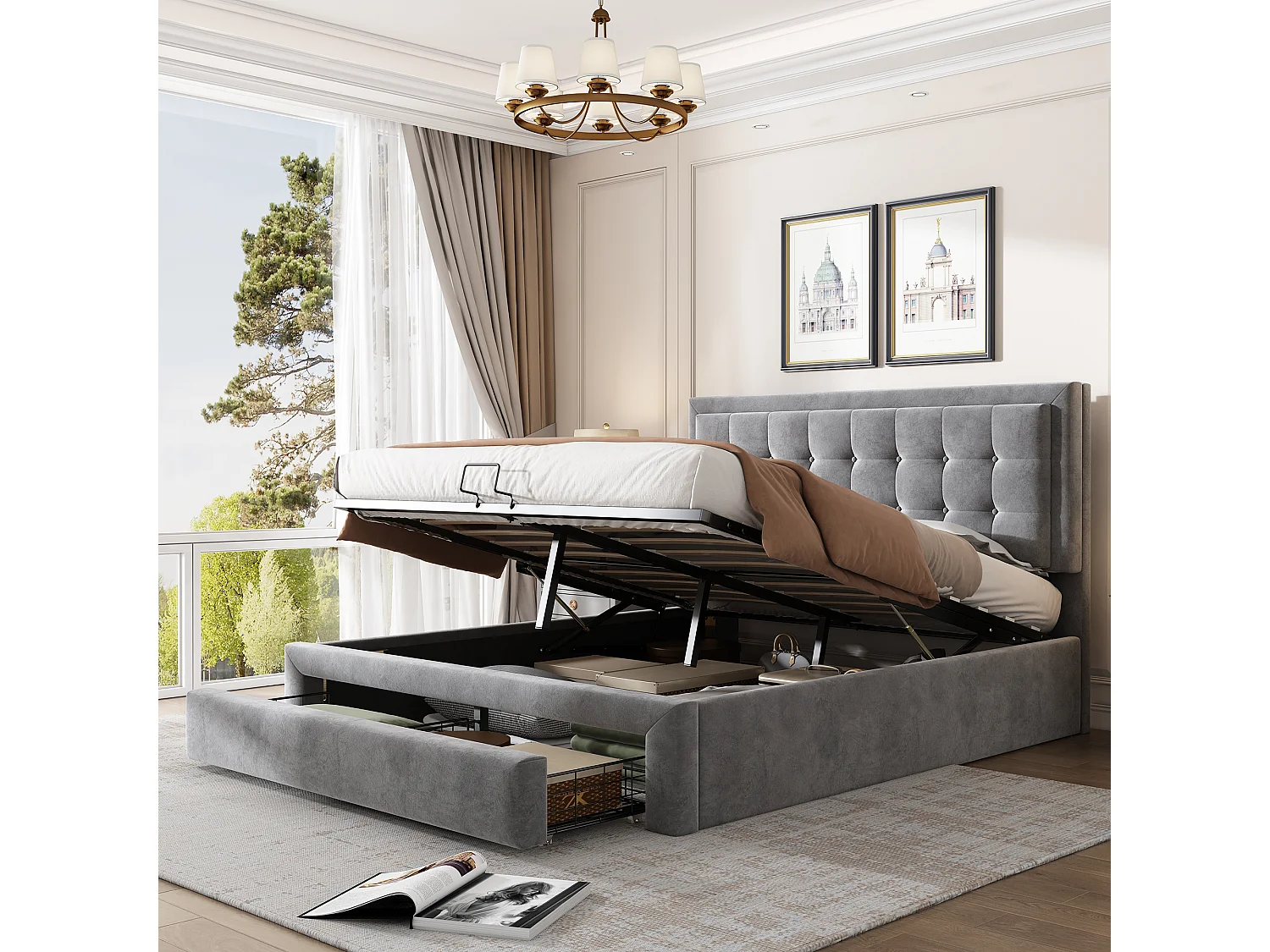 Lit coffre 140x200 cm - Velours gris - Lit adulte avec tiroirs et sommier à lattes - Sans matelas